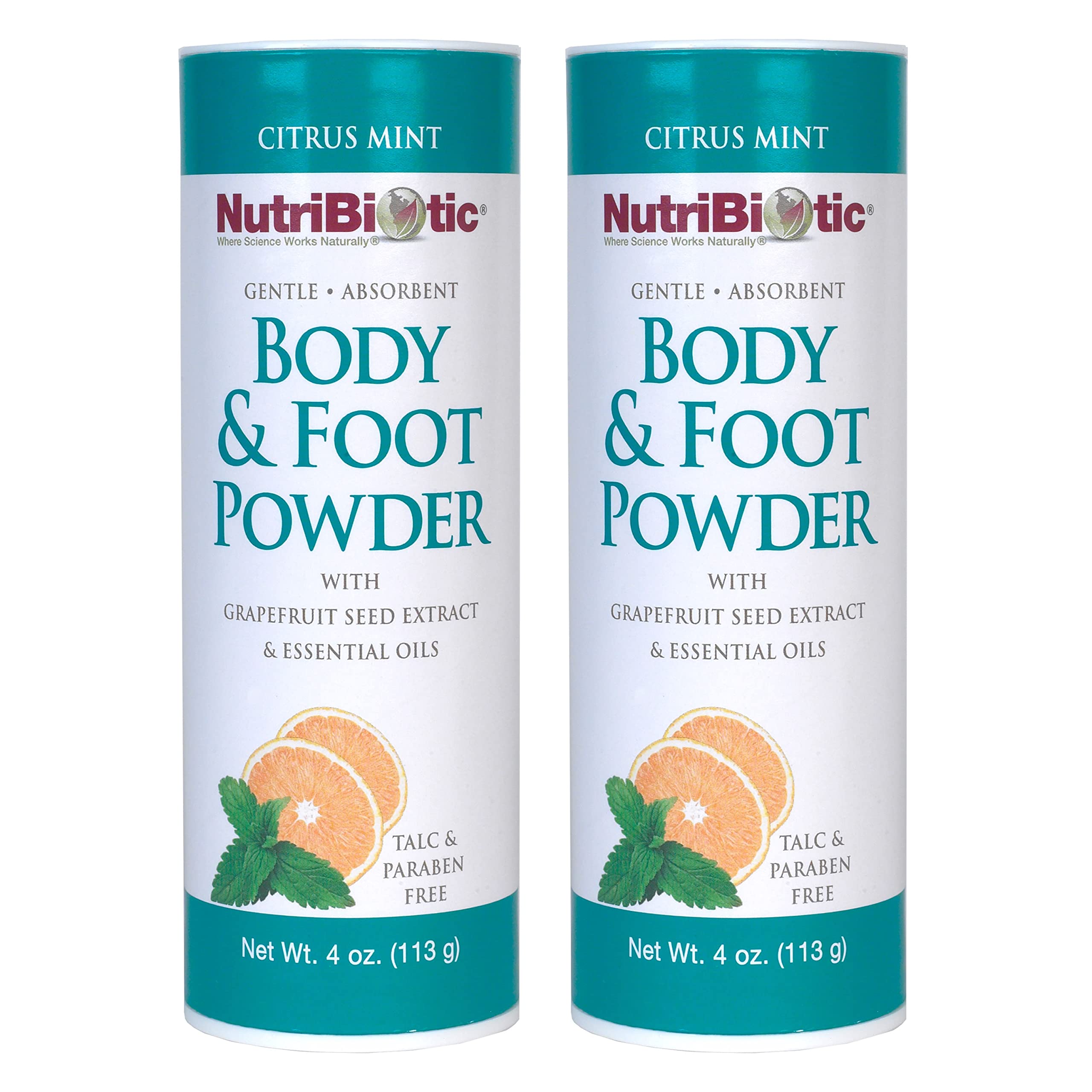 NutriBiotic – Talco para cuerpo y pies, aroma a menta cítrica con aceites esenciales, paquete doble de 113 g | con extracto de semilla de pomelo | Vegano y sin OMG | Sin talco, parabenos ni gluten | Suave y absorbente