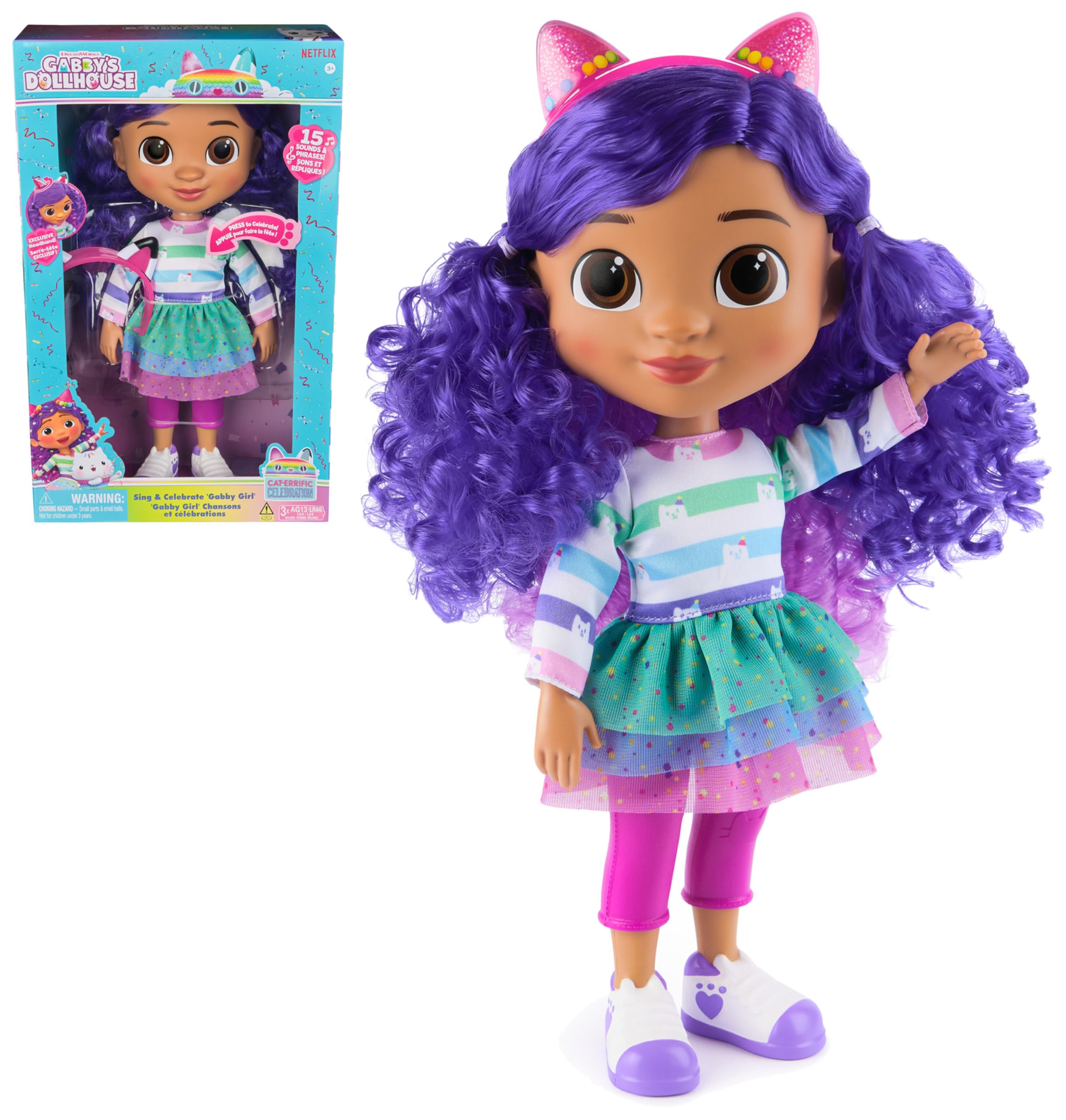 Gabby's Dollhouse, Bambola Gabby Girl Musica e Festeggiamenti, Alta 33 cm con Effetti sonori e Orecchie da Gatto reversibili, Giocattoli per Bambine e Bambini dai 3 Anni in su