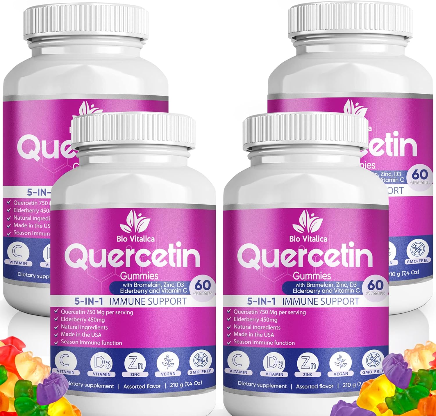 Quercetin Gummies by BioVitalica - Quercetin with Bromelain Vitamin C and Zinc & Elderberry + Vitamin D3-5 in 1 Immune Support - Zinc Quercetin 750 mg for Kids and Adult (4, Quercetin)