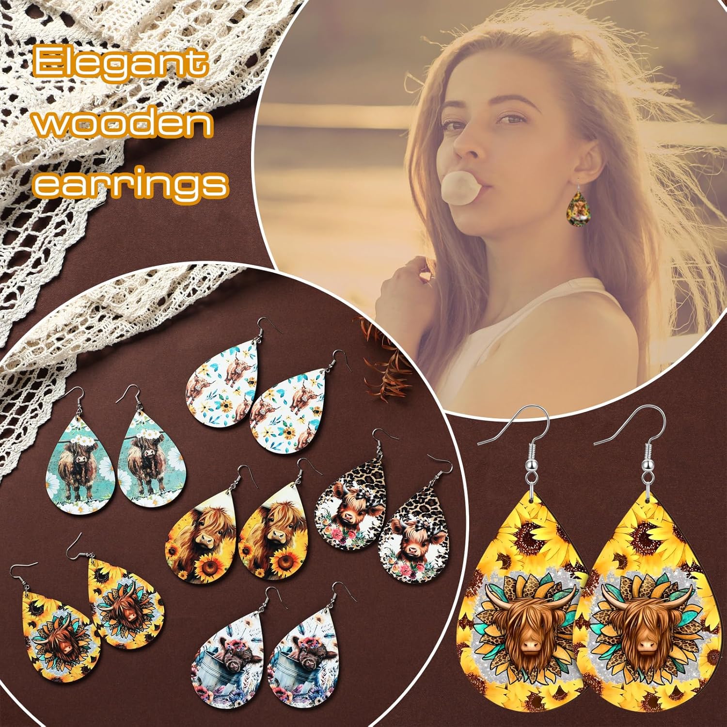 Nosiny 12 Pairs Western Highland Cow Wood Earrings Set for Women Floral Teardrop Ear Dangler Western Highland Cow Dangle Flower Leopard Print Cattle Earrings for Women Mother's Day Nurses' Day Gifts - Image 4