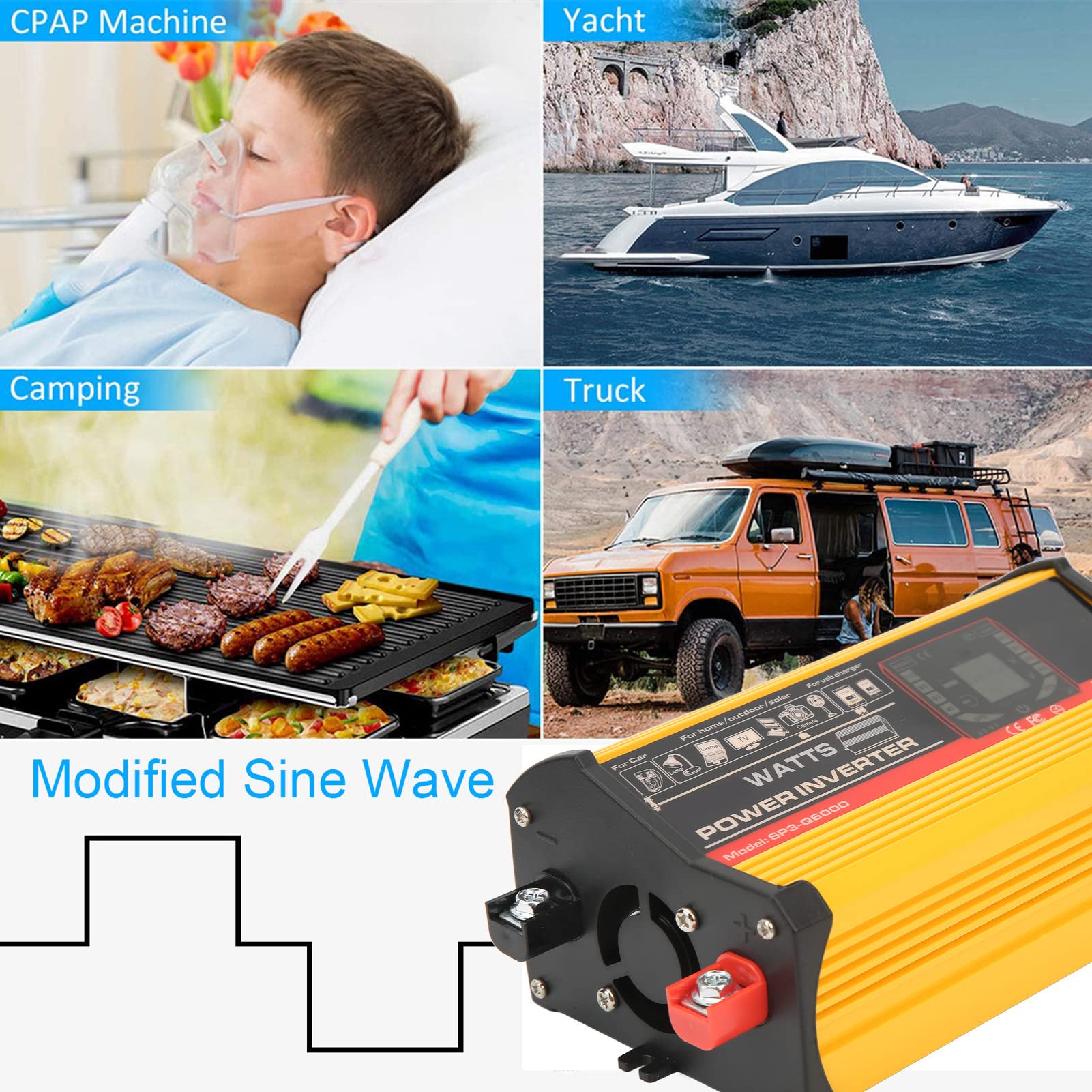 KUIDAMOS Samochodowy Falownik Wydajny Wyświetlacz LCD do Zasilania Awaryjnego Camping Travel Materiał ABS (Żółty)