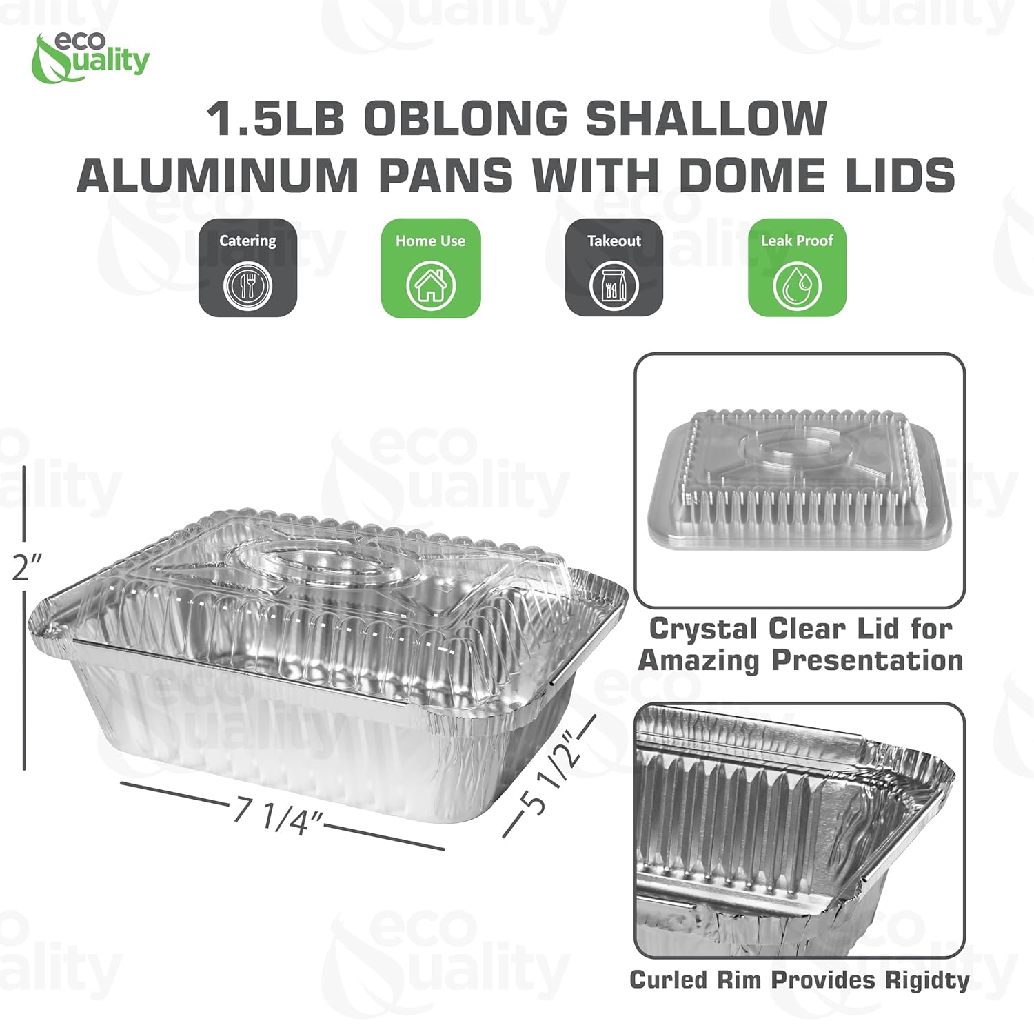 [100 Pack] 1.5LB Oblong Take Out Foil Baking Pans with Dome Lids Shallow - 768 Aluminum Pan for Baking, Roasting, Potluck, Reheating, Catering, Party, BBQ, Baking by EcoQuality