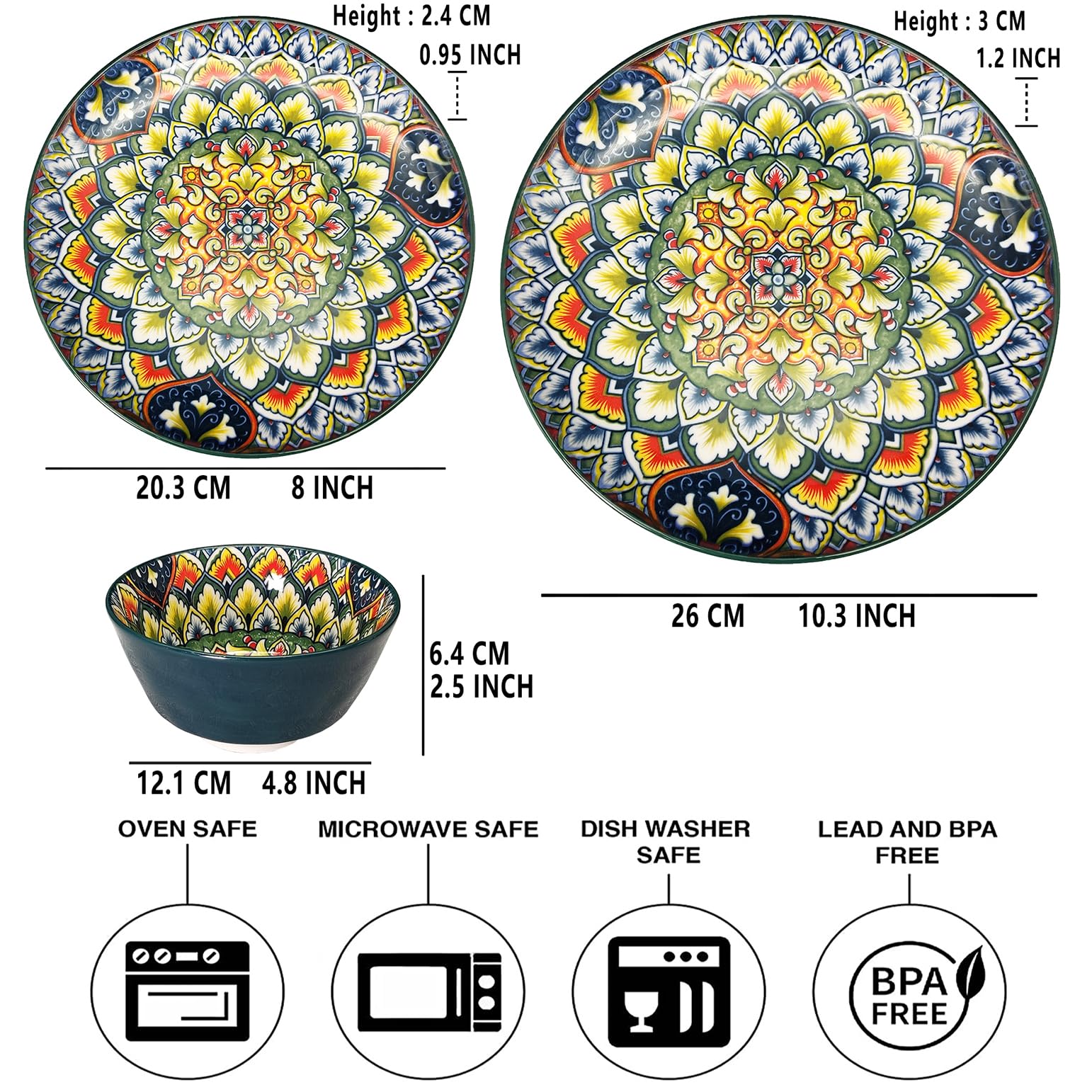 YA JU Service de table en porcelaine pour 4 (12 pièces) - Facile à nettoyer - Assiettes et bols - Pour salle à manger décontractée, intérieur ou extérieur - Style bohème - Service pour 4 (12 pièces)