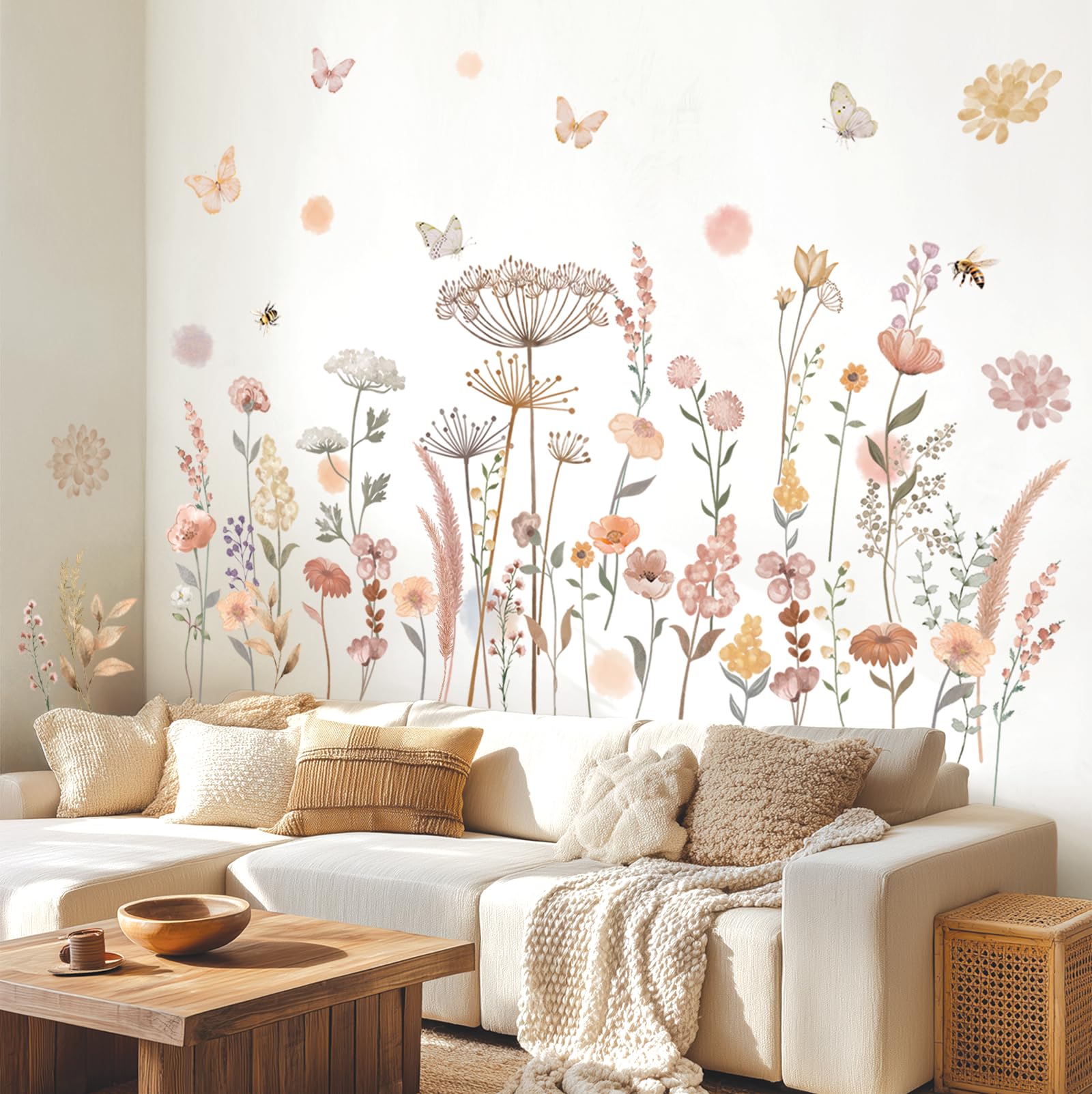 DECOWALL SG2-2421 Wandtattoos mit Boho-Blumen in Aquarell Wildblumen Blumen Gras Schlafzimmer Wohndekor Kunst bunt rosa Pflanzen entfernbar Abziehen und ankleben Kinderzimmer Heim DIY Blätter Garten