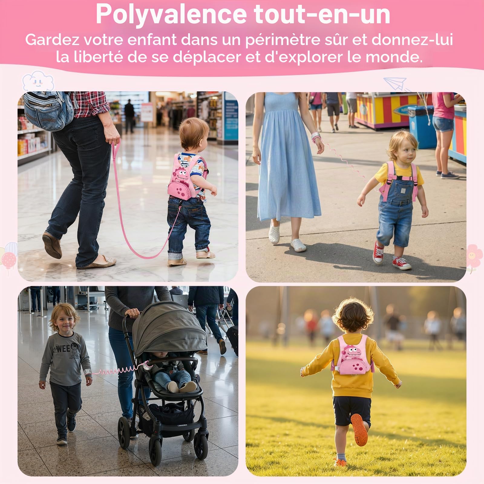 Dr.meter Laisse pour Enfant, 3 en 1 Sac à Dos Anti-Perte avec Laisse Rotative à 360° de 1,2M Rose Dinosaure Mignon avec Serrure, Equipement de Sécurité pour L'extérieur