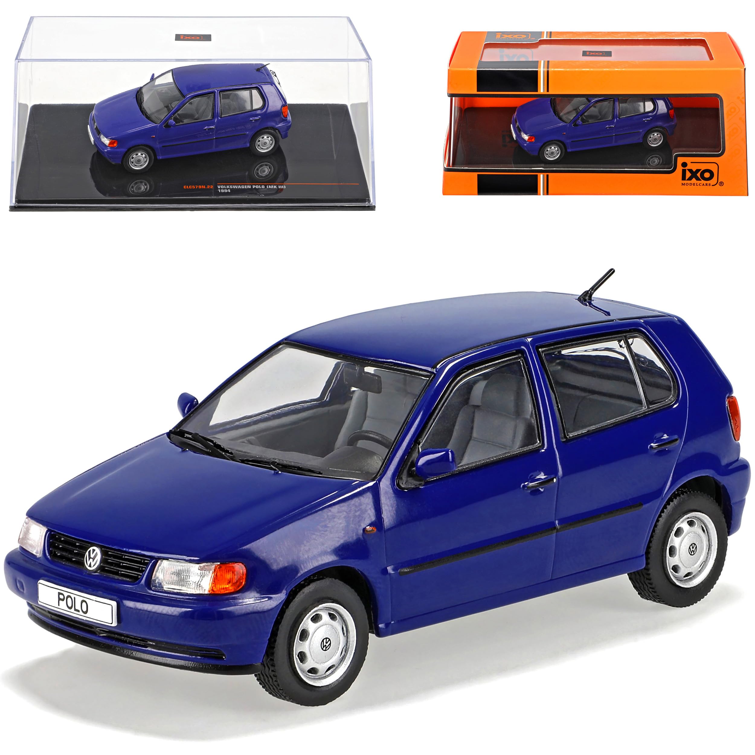 V*W Polo MKIII 6N Blau 5Türer 3. Generation 1994-2001 mit Sockel und Vitrine 1/43 Modell Auto