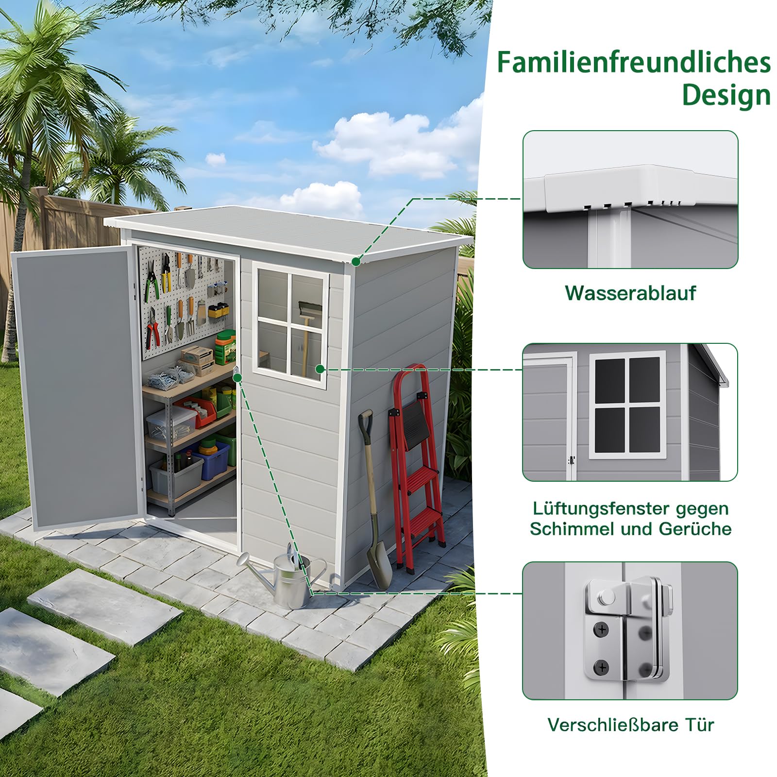 Kunststoff Gerätehaus 138×110.5×182cm,Geräteschuppen mit Fenstern, Schrägdach und Sicherer Tür,Zur Aufbewahrung von Gartengeräten. Inklusive Bodenplatte,Ideal für Garten,Terrasse