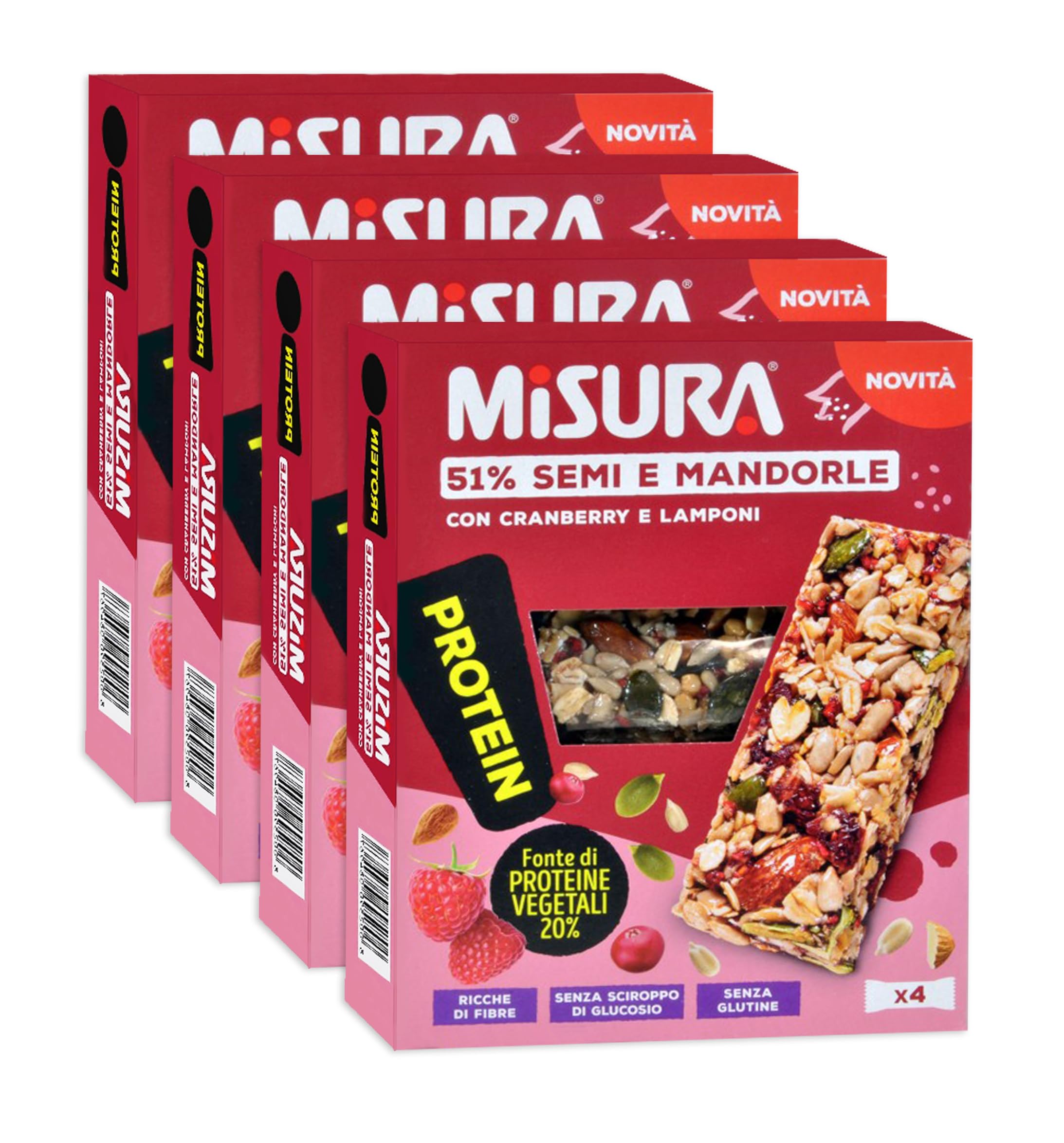 Misura Protein Barrette con Cranberry, Lamponi, Semi e Mandorle Senza Glutine (Gluten Free) 120g - NOVITA' 2024 [4 Confezioni]