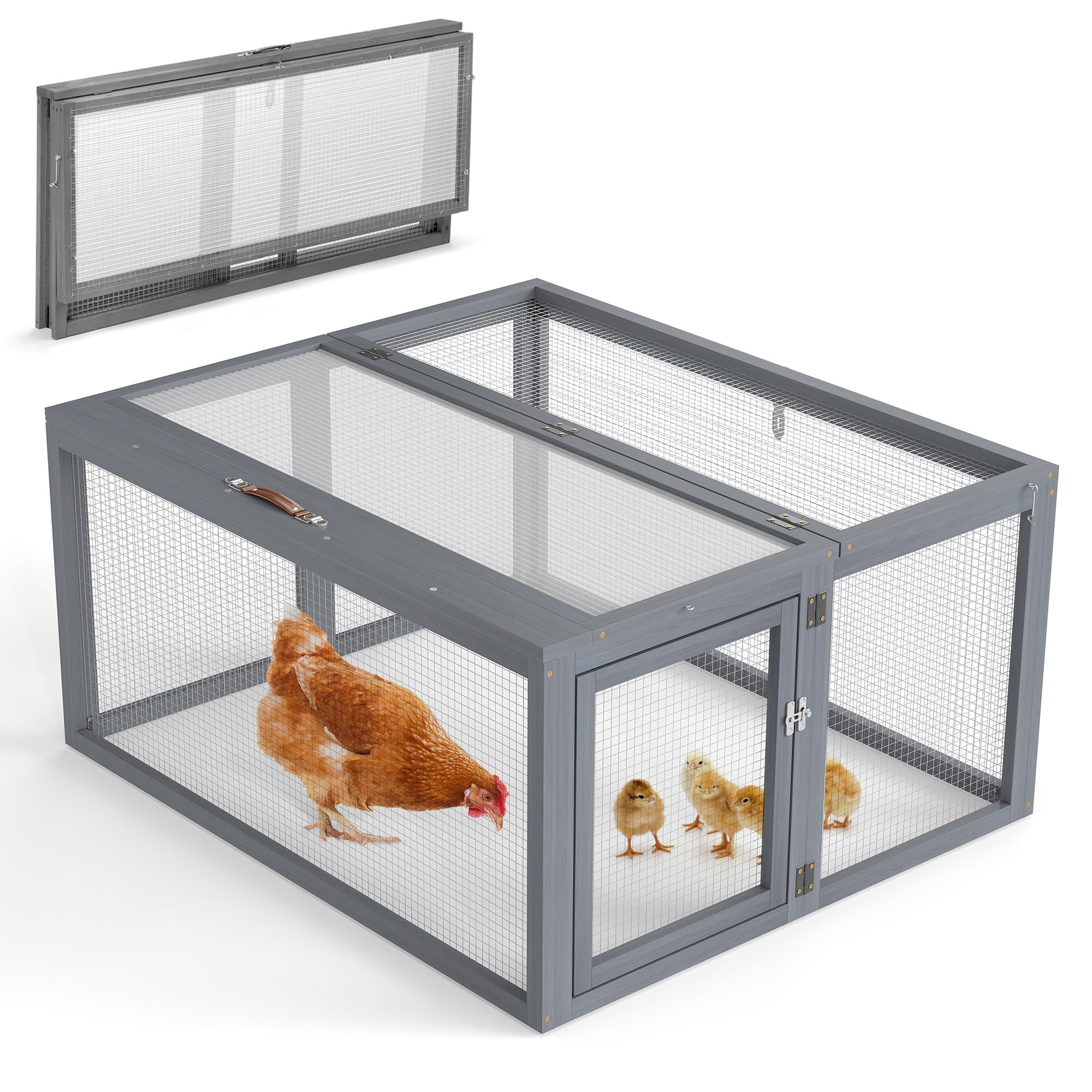 COZIWOW Chicken Coop Run Rabbit Hutch, Portable Chicken Cage Pens with Top & Side Opening Doors, Folding Wooden Chicken Coop, Outdoor Indoor Small Animal Playpen, Chicken Brooder Box, 43.3Inch (Grey)