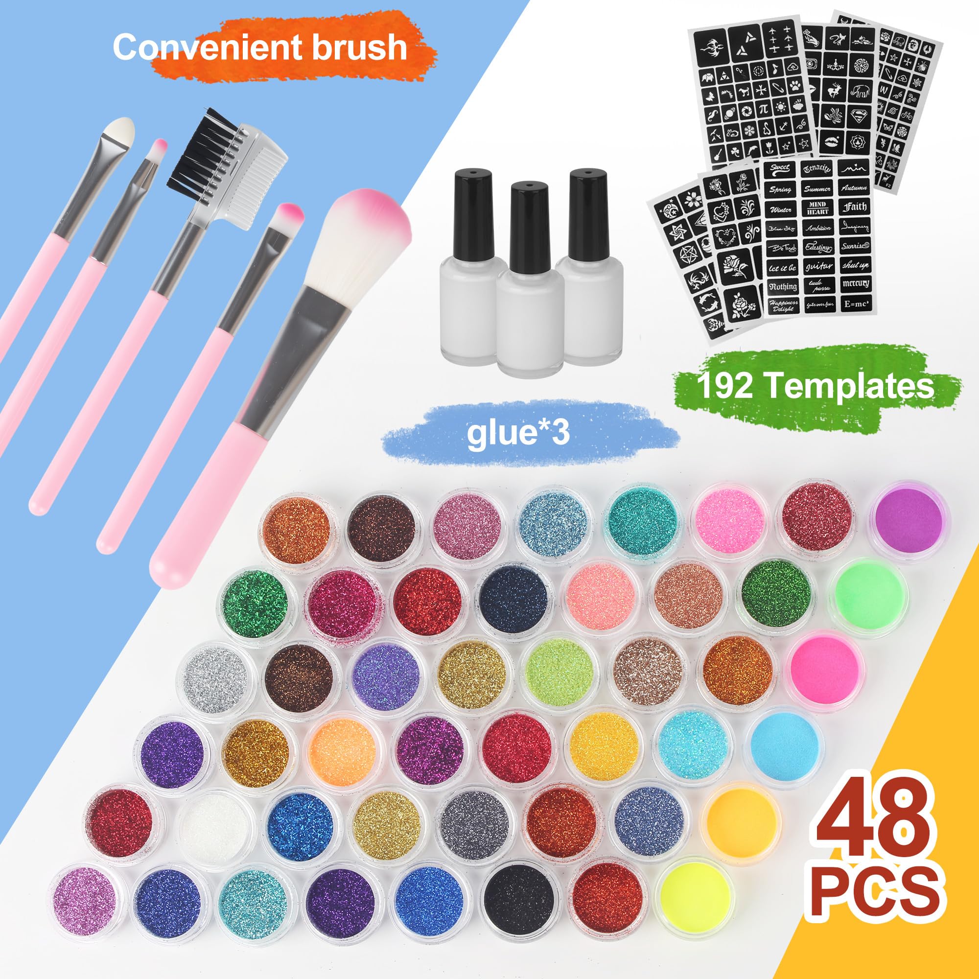 Kit Tatuaggi Glitterati, adatto a bambini e bambine dai 4 ai 12 anni, Kit per Tatuaggi flash temporanei con 48 colori, 192 modelli, 5 pennelli, 3 flaconi di colla, 2 fogli di adesivi glitterati