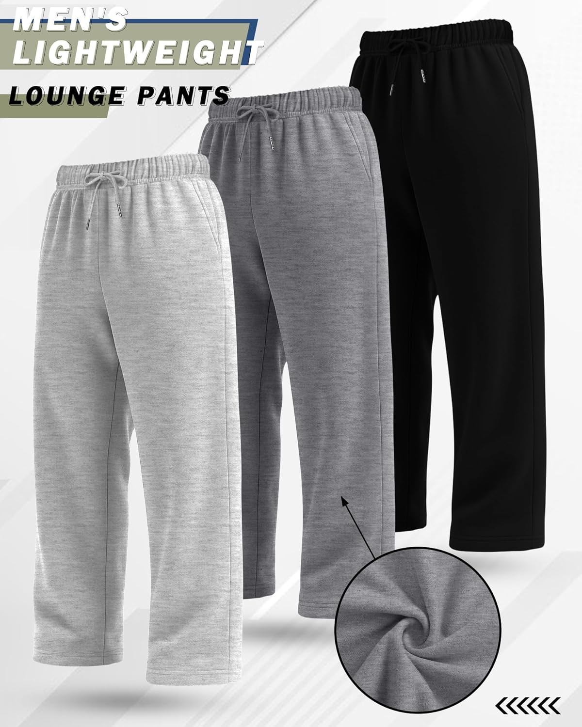 3 Pack Men's Lightweight Lounge Sweatpants, Straight Leg Open Bottom Casual Baggy Drawstring Pant with 3 Pockets(Gray, Light Gray, Black,Medium) - Image 3