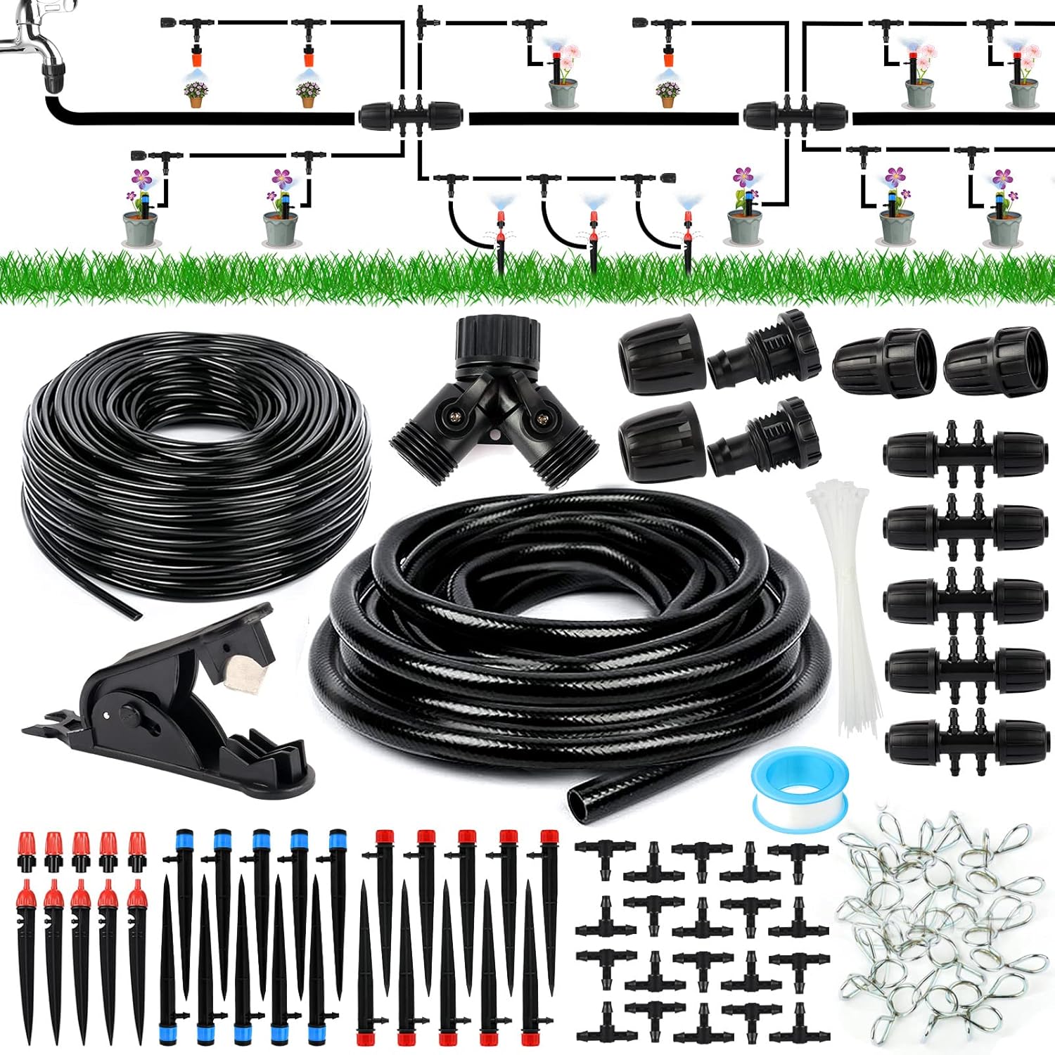 Drip Irrigation Kit, 131ft/40M Garden Plant Watering System with 5/32" and 1/2" Distribution Tubing Hose Adjustable Nozzle, Fountain Nozzle, Automatic Mist Irrigation Set for Lawn, Patio, Greenhouse : Patio, Lawn & Garden