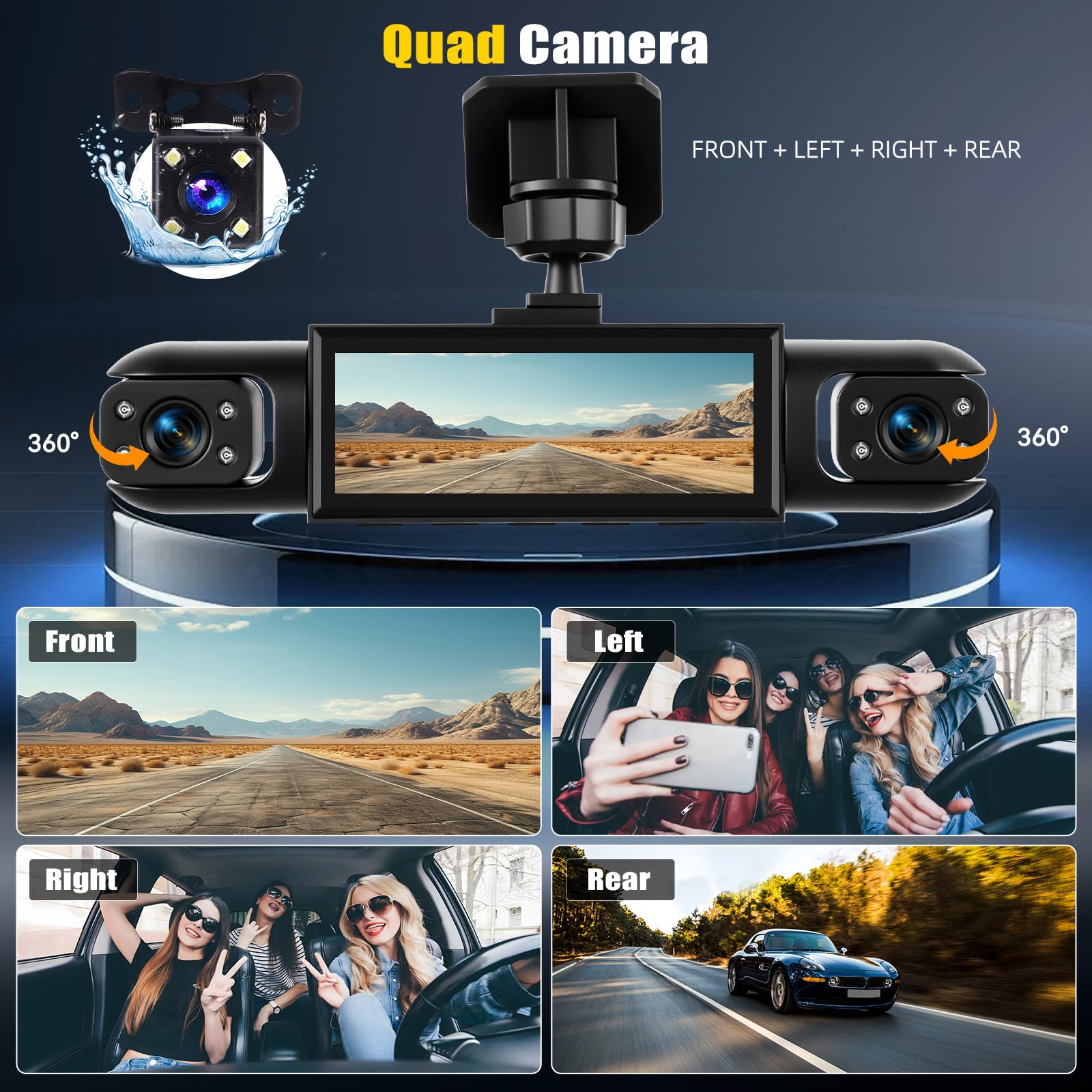 360° 4 Canaux Dashcam Voiture Avant Arriere, 3-Pouces Caméra Embarquée Voiture avec Vision Nocturne 8 IR, Vidéo en Boucle, Aide au Stationnement