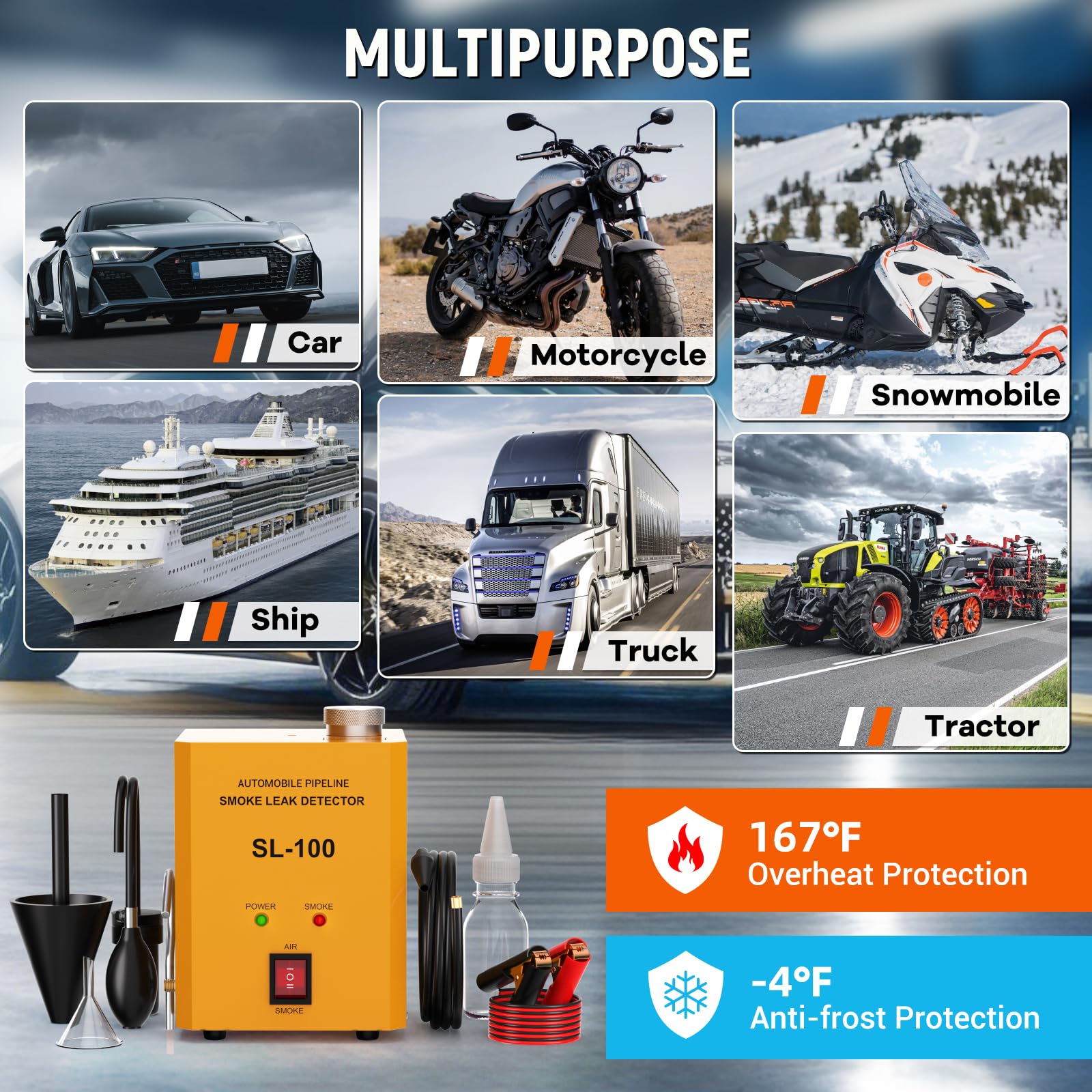 GODIAG SL100 12V Máquina de Humo Coche Maquina de Humo para Coche con Bomba de Aire Incorporada Detector Fugas Humo Máquina Humo Coche para ATVs/Motos/Motos de Nieve y Barcos