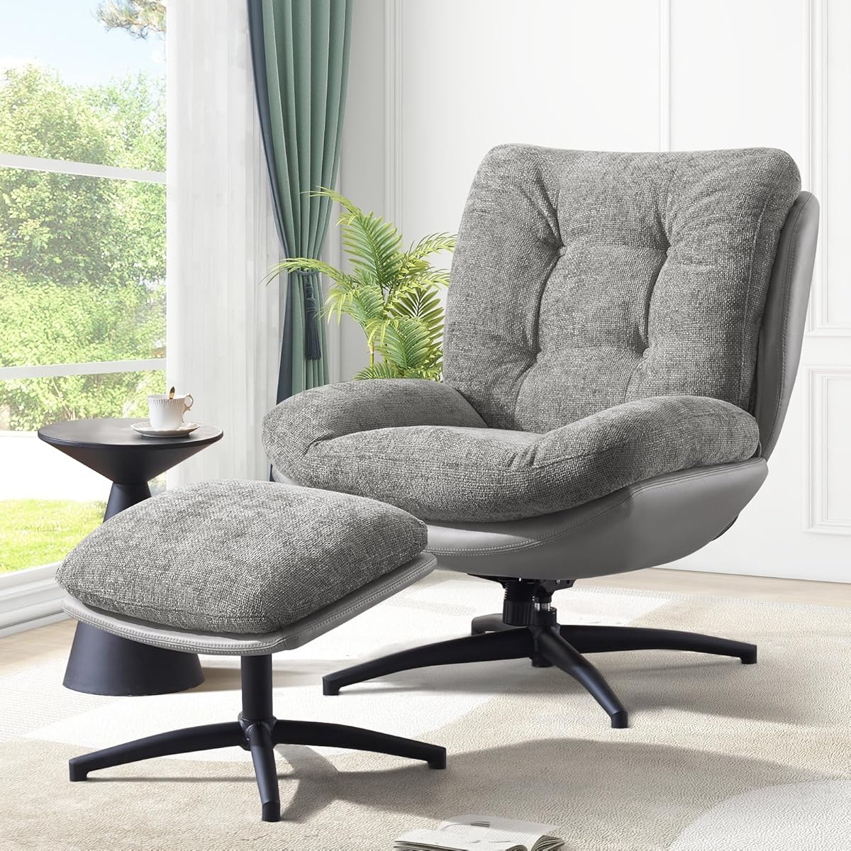 Chenille Rocking Swivel Accent Chair with Ottoman, 360° Oversized Metal Base Swivel Rocker Accent Chairs, Reclining Lounge Chair, Ergonomic Armchair for Living Room,Bedroom,Office,Grey