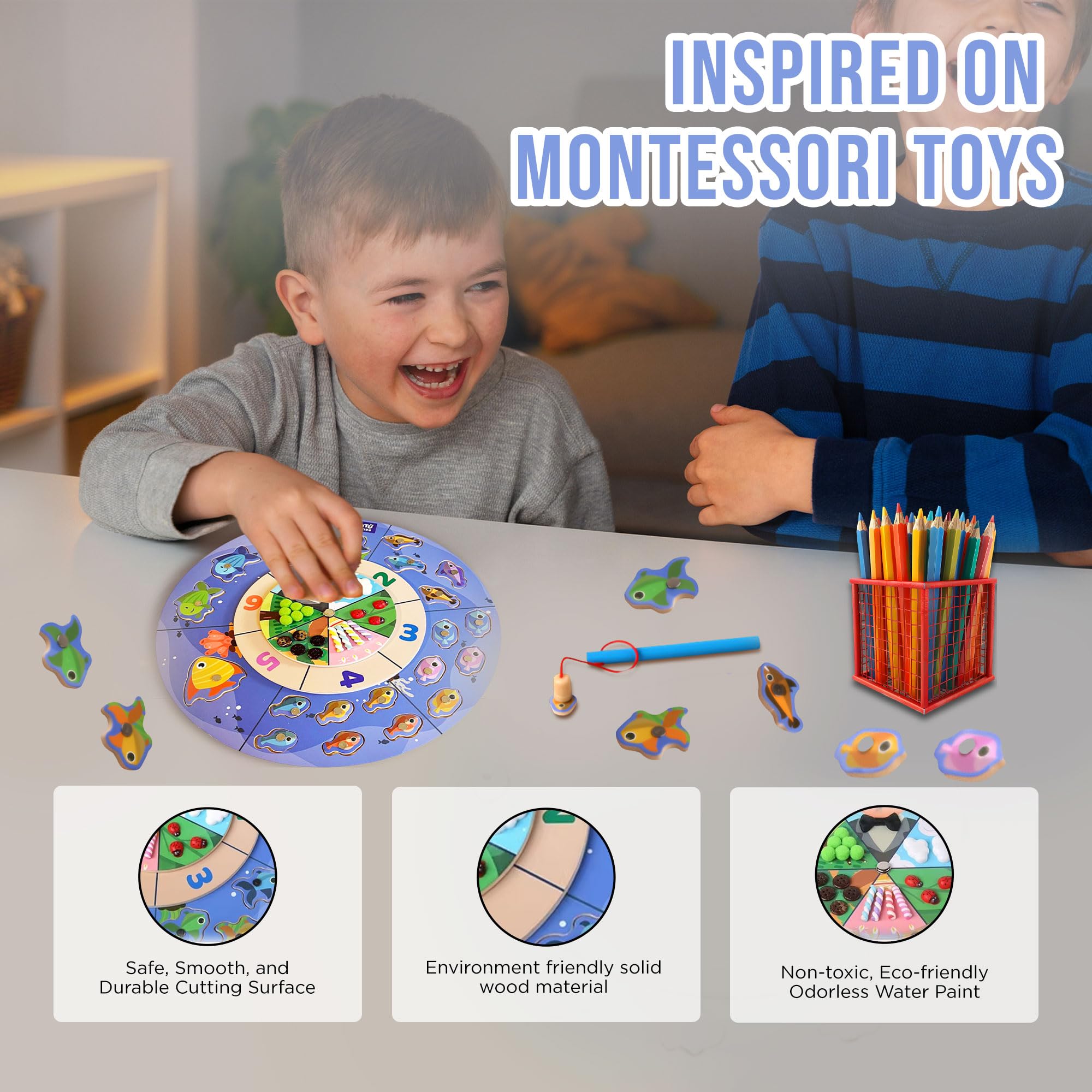 TUTATU Wooden Magnetic Fishing Game for Toddlers, Educational Number Pairing Toys for Kids 3 4 5, Montessori-Inspired Learning with Rotating Numbers & Fish, Fine Motor Skill Development Gift