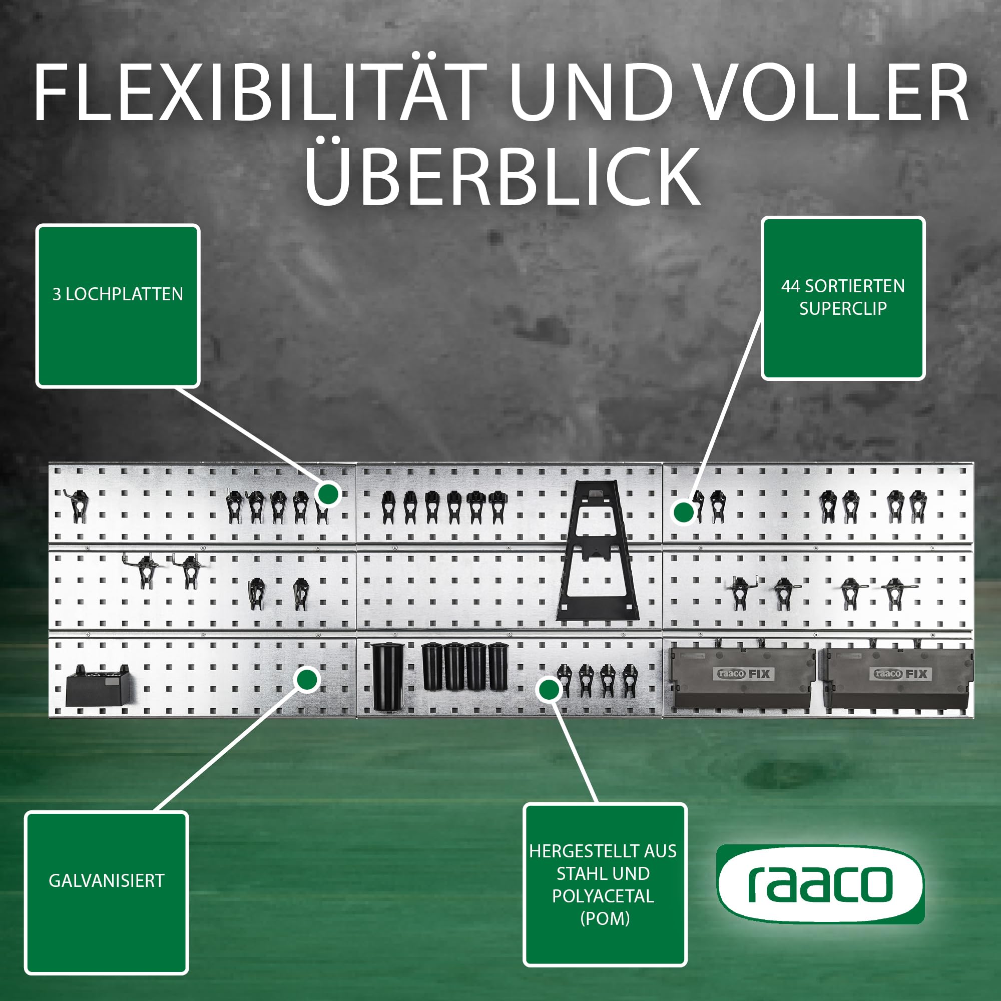 Raaco 3 TWP Set Verzinkte Werkzeugwand - Lochwand Werkstatt mit 44 SuperClips, 156 x 44 cm, 225 kg Tragfähigkeit, 3 Lochplatte, Werkzeughalter Wand, Werkstatt Ordnungssystem, Werkstatteinrichtung
