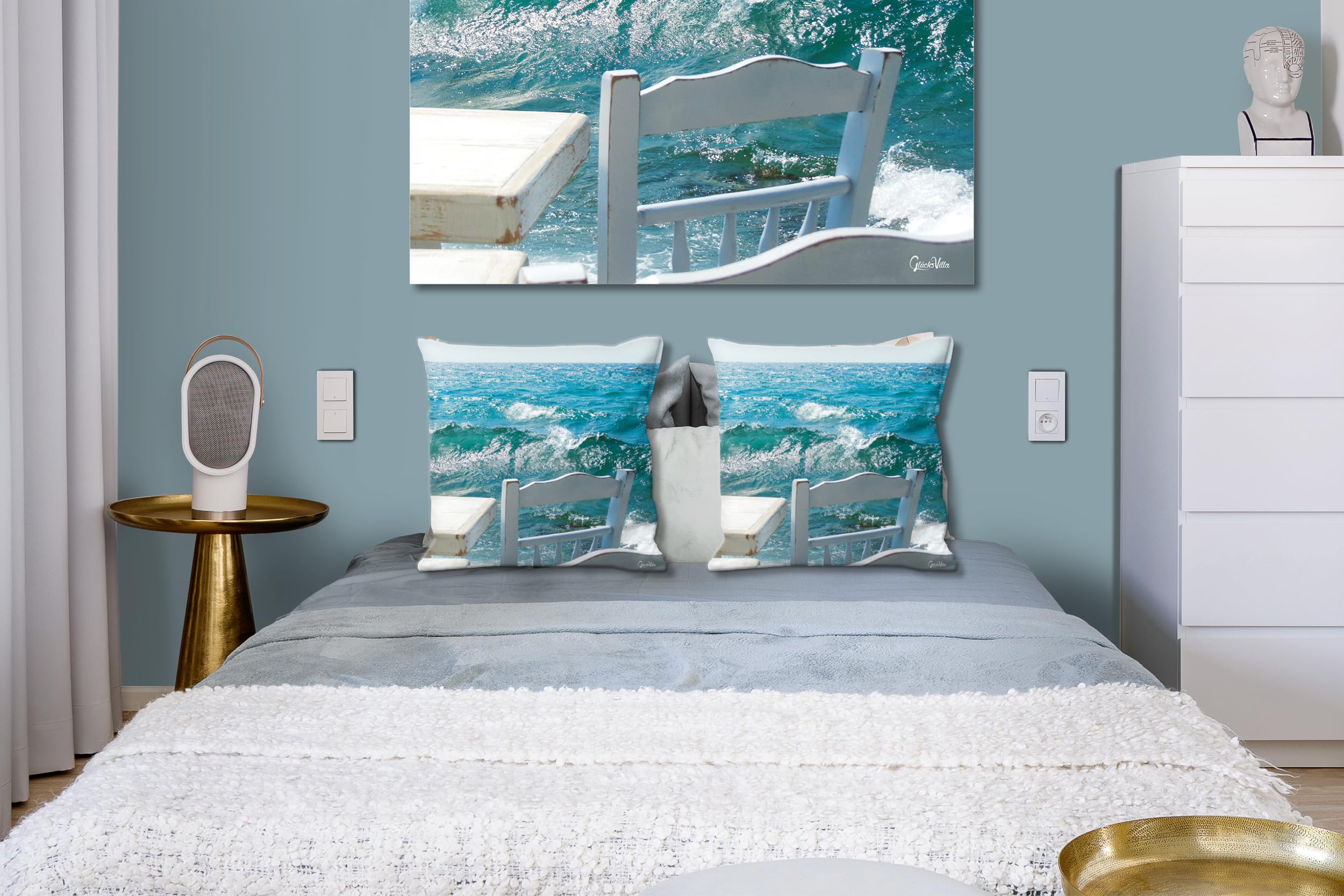 Mykonos - Foto-Kissen-Hülle Set (2 STK.) 40 x 40 cm | Kissen-Bezüge - passend zu Wandbild - Deko-Kissen - Hafen Taverne Ägäis Kykladen