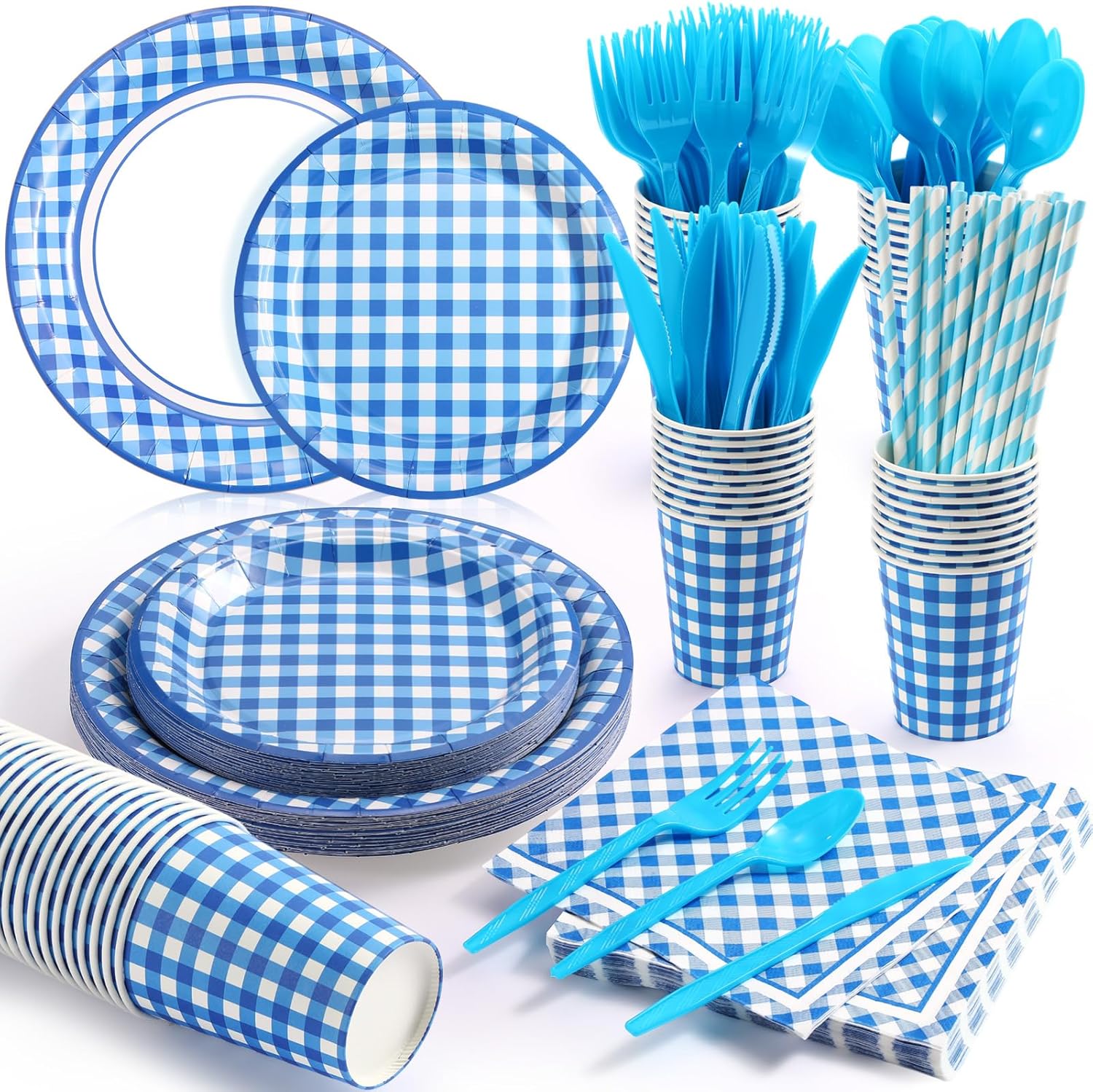 Sieral 200 Pcs Blue Gingham Party Supplies for 25 Guests Disposable Tableware Kits with Paper Plates, Cups, Napkins, Cutlery and Straws for Birthday Picnic BBQ Wedding Party Decorations