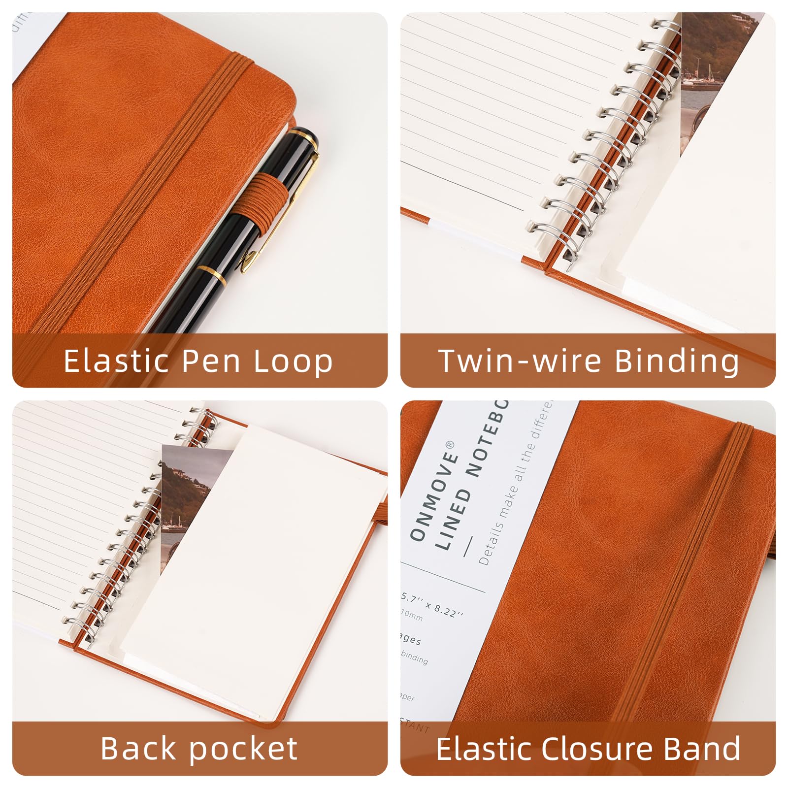 OnMove Lot de 12 carnets à spirale pour homme et femme avec couverture rigide en cuir et porte-stylo - Format A5 - 160 pages - Papier épais de 100 g/m² - Pour le travail et l'école - Ligné marron