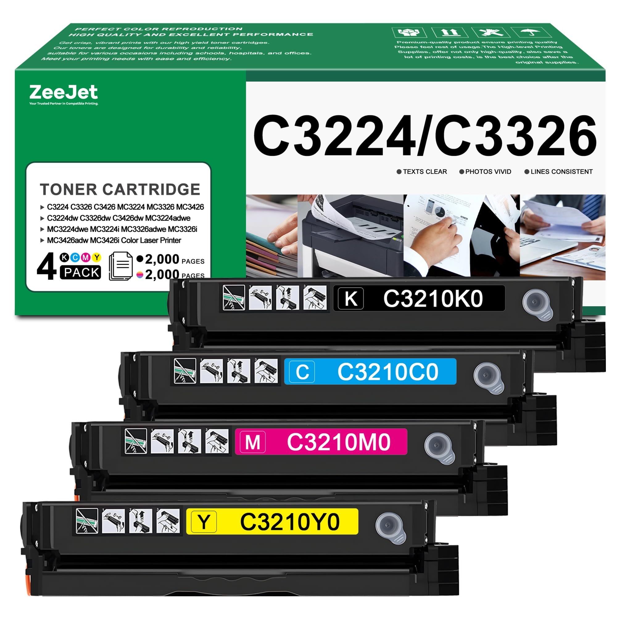 C3210 C3224 MC3224 Toner Cartridges Replacement for Lexmark C3224 MC3426 MC3326 C3326 C3426 MC3224 Printer Toner C3210K0 C3210C0 C3210M0 C3210Y0 MC3224 C3224DW Toner Cartridges 4-Pack (with Chip)