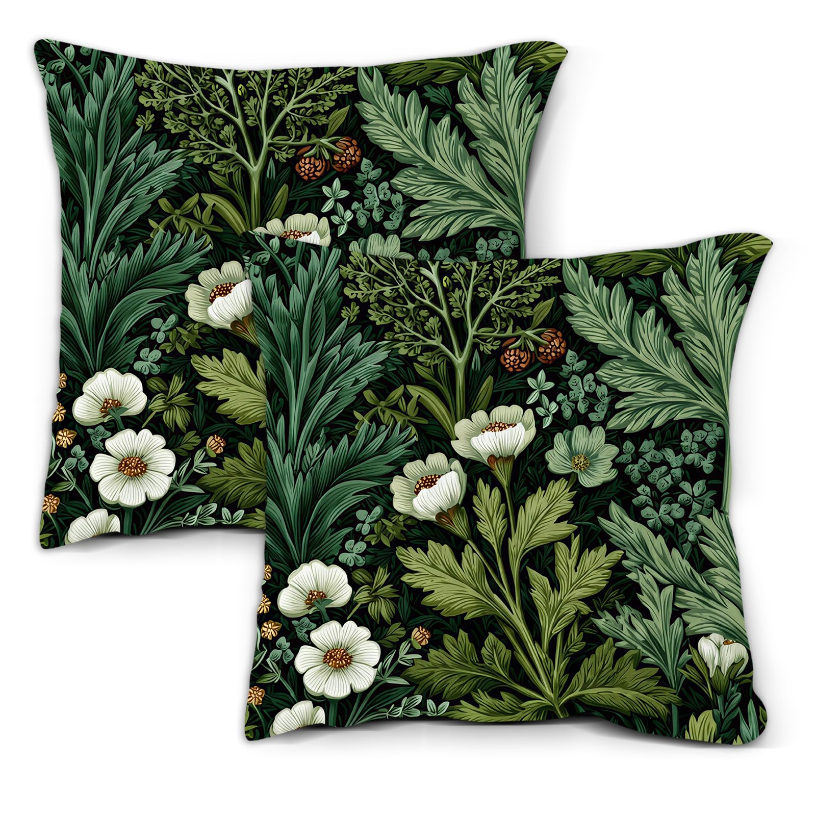 William Morris Style Cushion Covers 45 X 45, Set Of 2 Soft Cotton Cushion Covers, Double Sided Green Leaf Decorations Pillowcases For Sofa Bench Couch