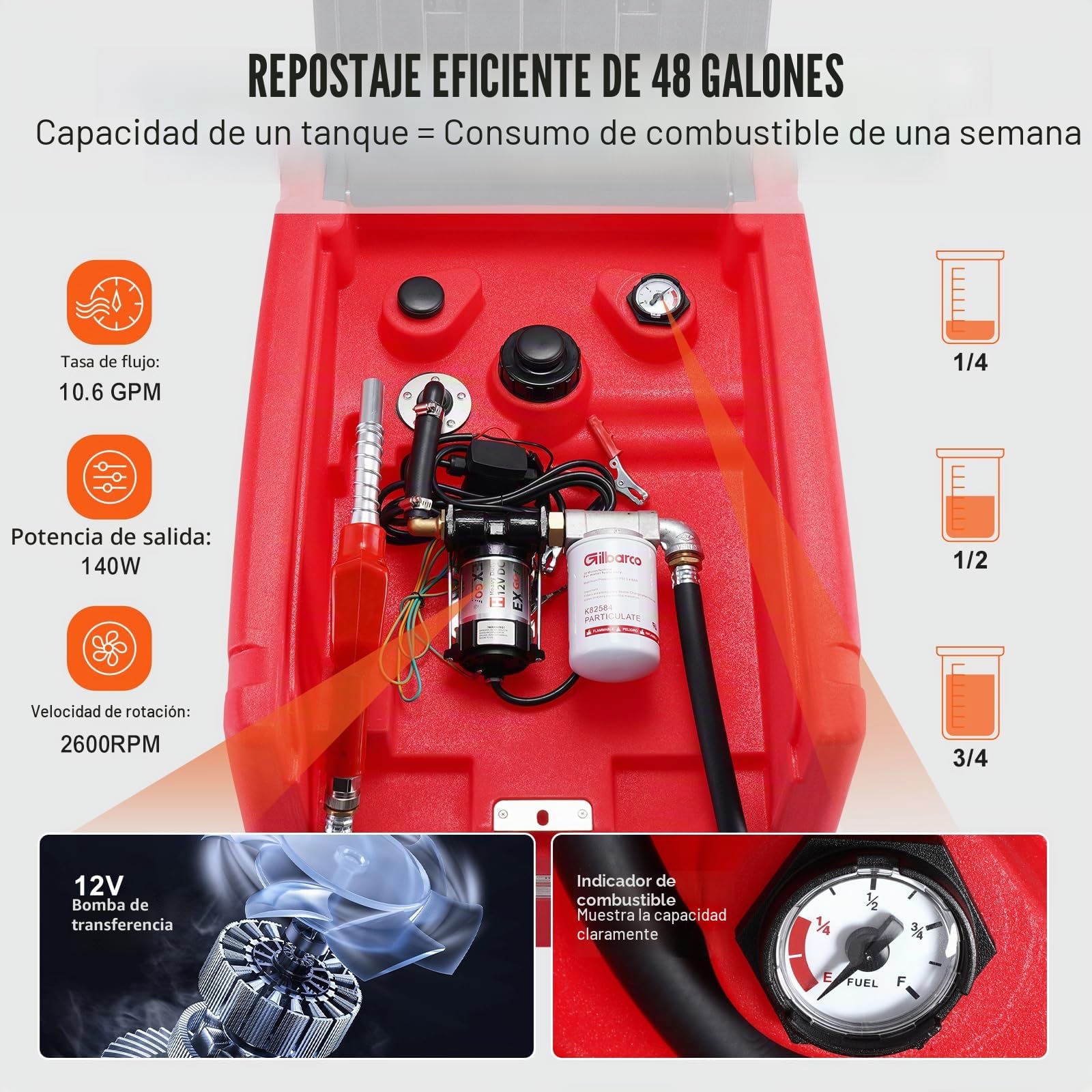 VEVOR Depósito Portátil de Gasolina Diesel 182 L Tanque de Repostaje de Combustible Bomba de Transferencia de 12 V 40 L/min Manguera de 4 m Boquilla de Repostaje Automático para Vehículos, Rojo