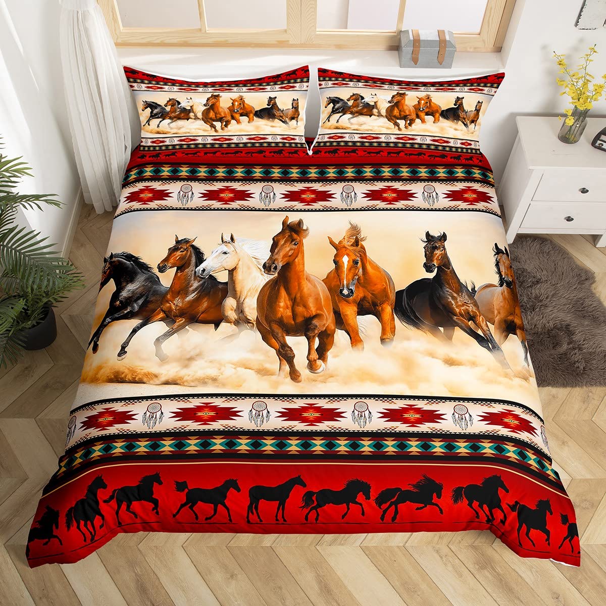Homewish Horses Duvet Cover Red Southwestern Native Aztec Bedding Set Farmhouse Wildlife Comforter Cover Indian Tribal Bed Set Double,Bohemian Dream Catchers Retro Exotic Boho Decor