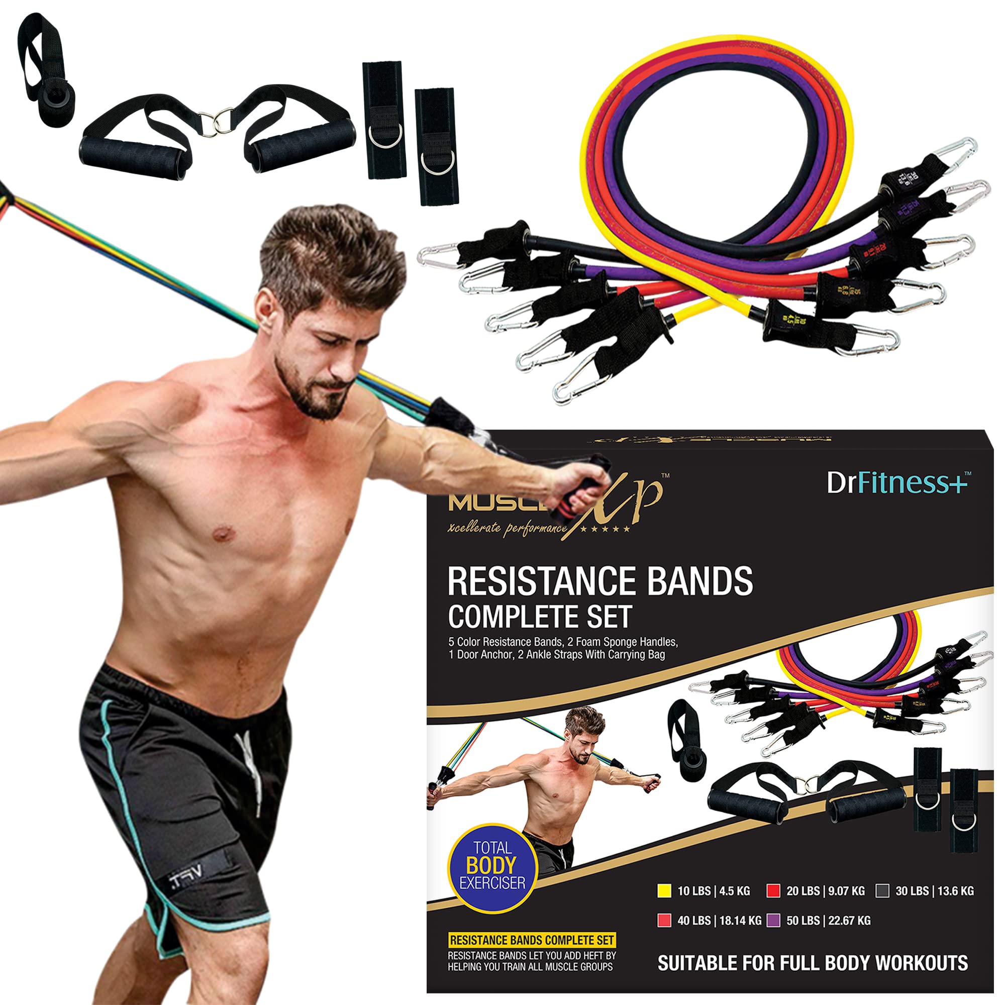 MuscleXP DrFitness+ 11 in 1 Resistance Band Complete Set, 5 Color Resistance Bands, 2 Foam Sponge Handles, 1 Door Anchor, 2 Ankle Straps With Carrying Bag, Resistance Bands for Workout for Men & Women (B09VD9XSM4) Amazon Price History, Amazon Price Tracker