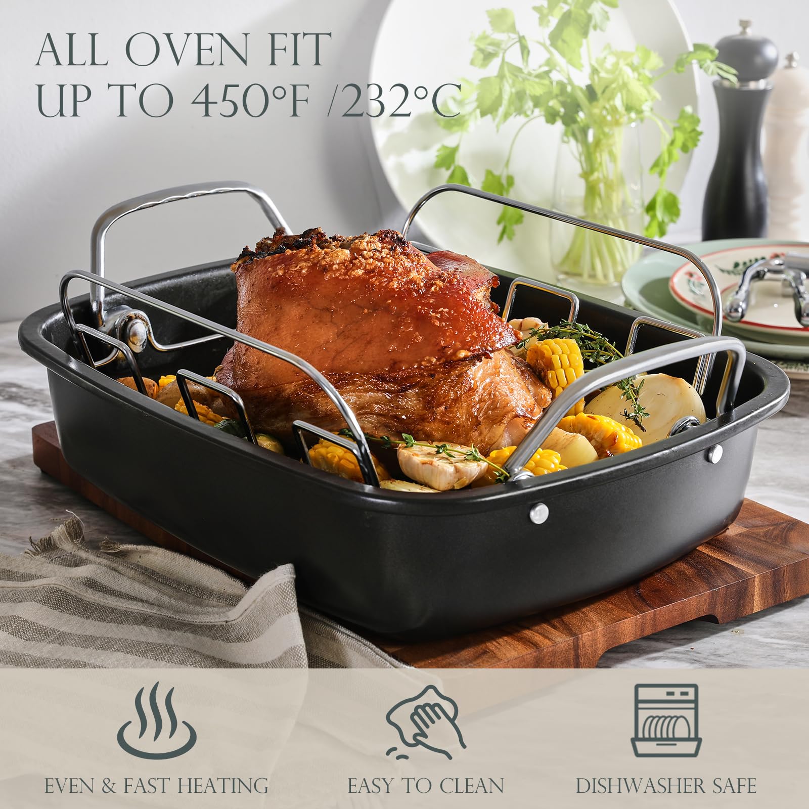 Sartén antiadherente para asar pavos con estante de 17 x 14 pulgadas, sartén grande para asar pollo para horno, asas más anchas y construcción resistente, adecuada para pavos de 24 libras, color gris 3