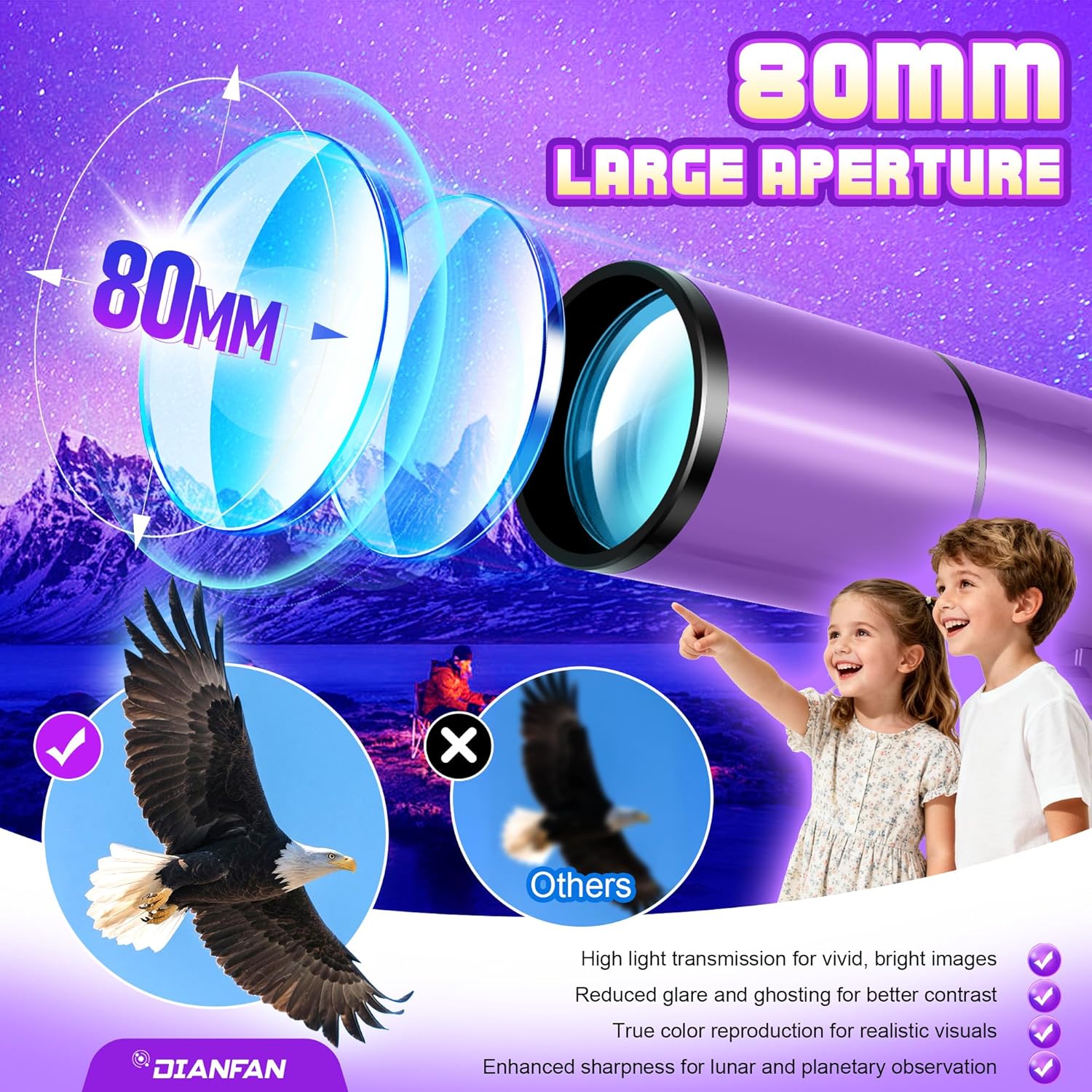 Dianfan Telescope for Kids & Adults, 80mm Aperture 500mm Astronomical Professional Telescope for Adults High Powered, Portable Travel Telescopes for Beginners with Tripod & Adapter, Stickers, Backpack - Image 2