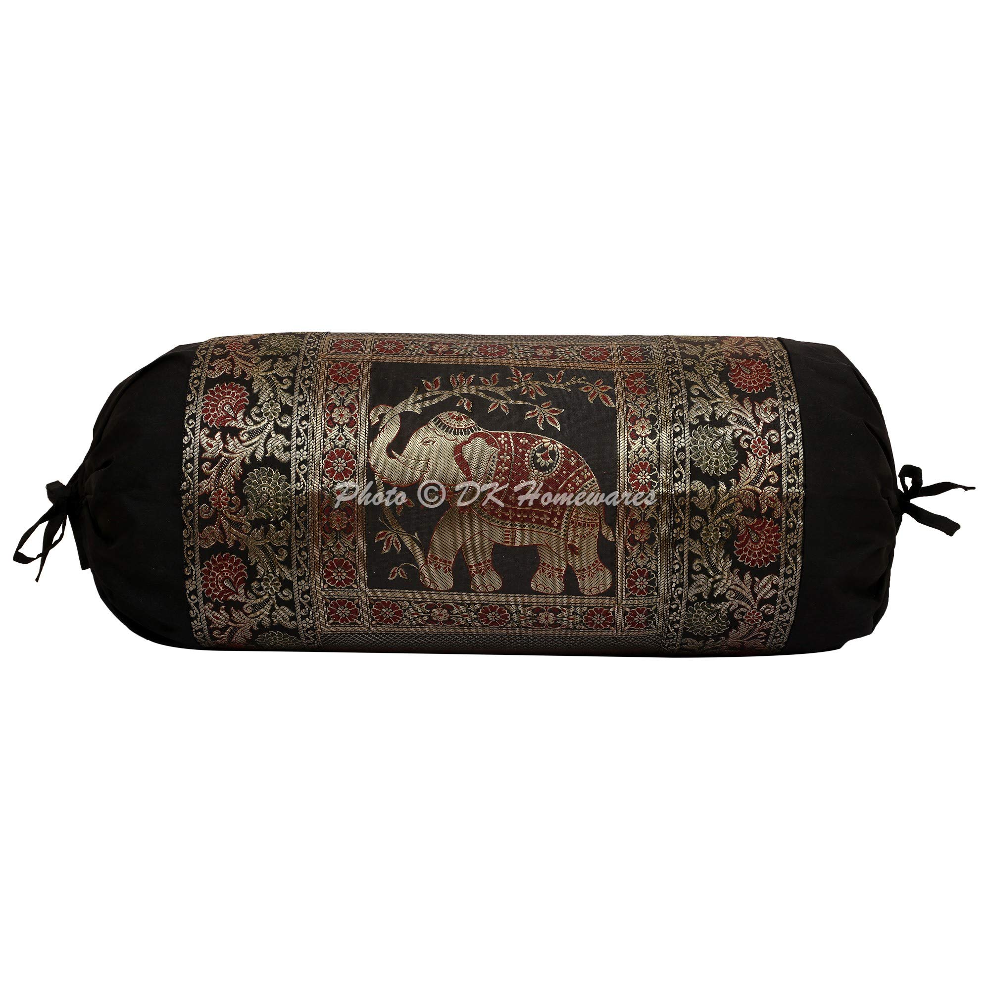 Indian Jacquard Brocade Silk Bolster Yoga Rectangle Pillow Cover Elephant Black Tube Masand Home Decor Living Room Cylindrical Hotdog Traditional Throw Cushion Cover 76x38 cm - 1 Pc
