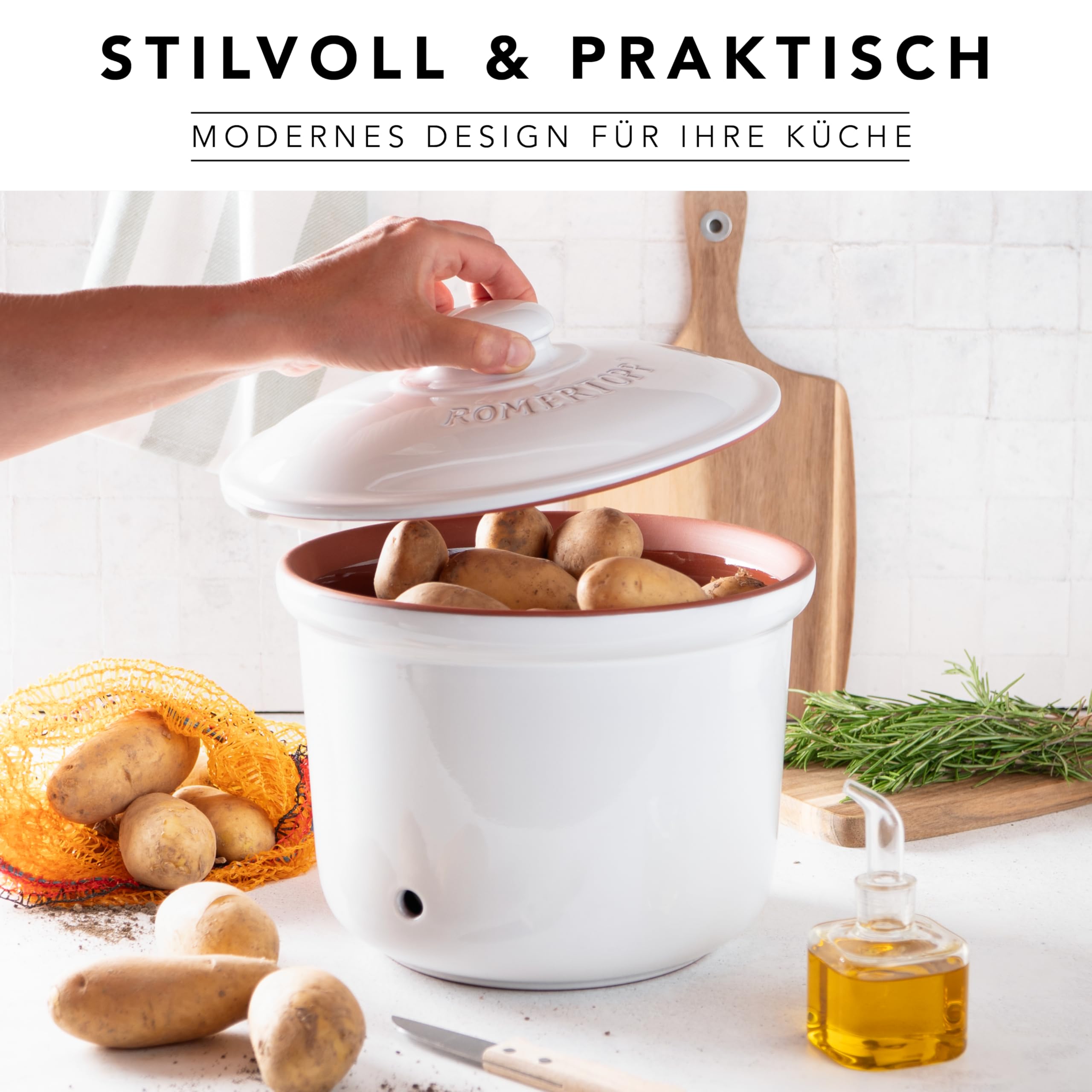 Romertopf Pot fraîcheur MAXI PLUS 5,5 l – Pot à pommes de terre en céramique – Argile respirante pour garder les légumes frais plus longtemps – Circulation de l'air idéale – Blanc