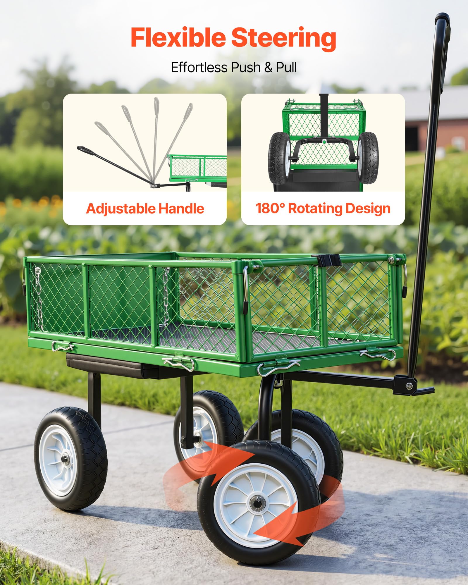 VEVOR Carrello Portaoggetti da Giardino con Sedile Carretto da Giardinaggio in Acciaio Carico max da 226,8 kg Carrello per Trasporto da Giardino con Lati Rimovibili, Legna Terra Detriti, Verde