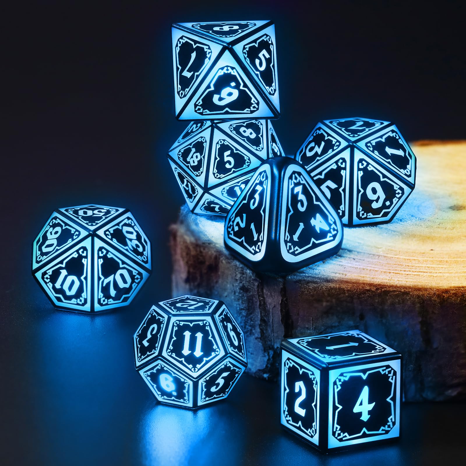 FONVGOGO Set Dadi D&D per Dungeons and Dragons Set Dadi DND Luminosi Wireless Ricaricabili con Scatola di Ricarica Dadi Poliedrici RGB LED 7 Pezzi DND Dice Set (Blu)