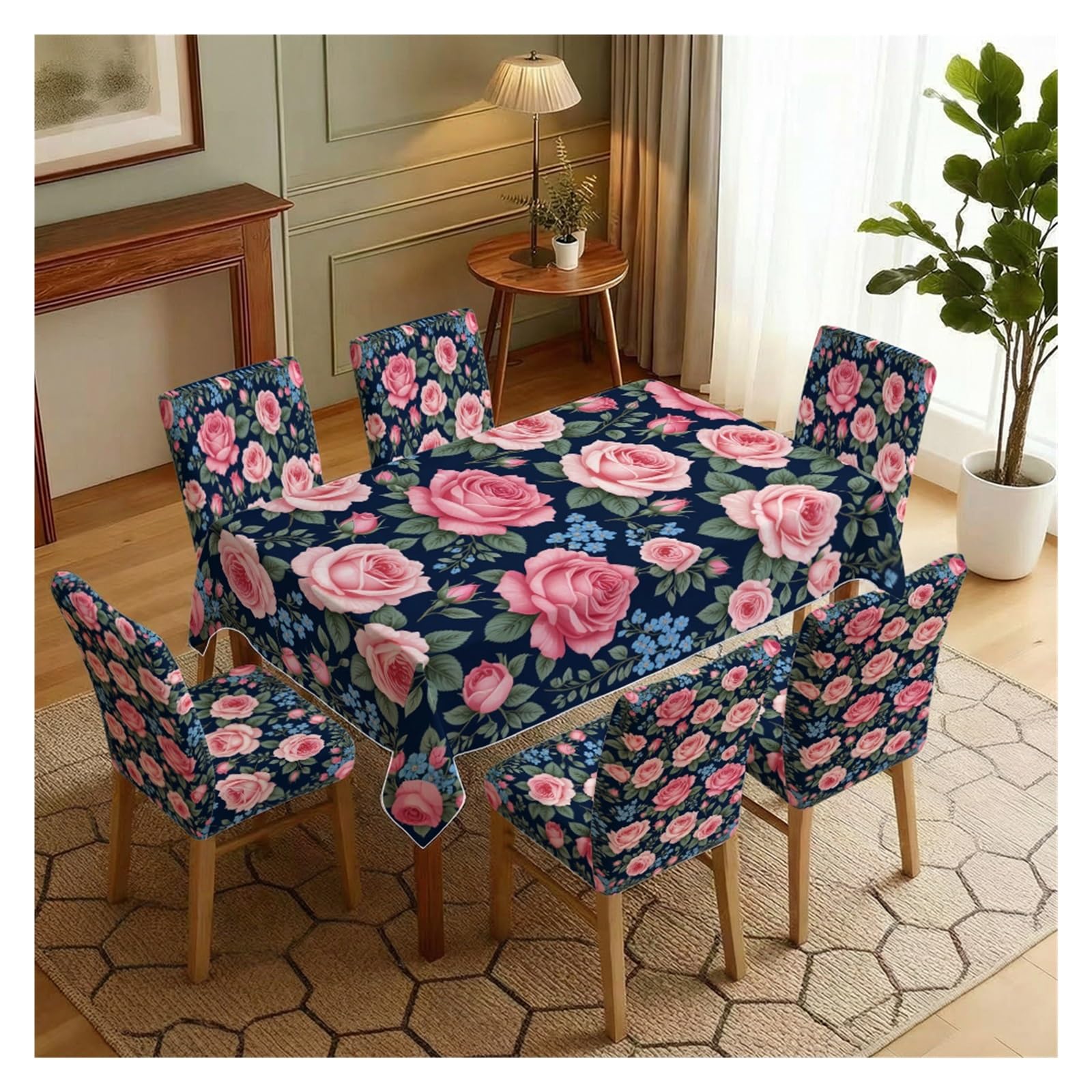 KXUAUV French Country Pink Rose Floral Print Stretch Chair Covers & Tablecloth Set, For Farmhouse Kitchen Dining Decor, 5/7 Pack Party Decor(7pcs Set: Tablecloth+Chair Covers)