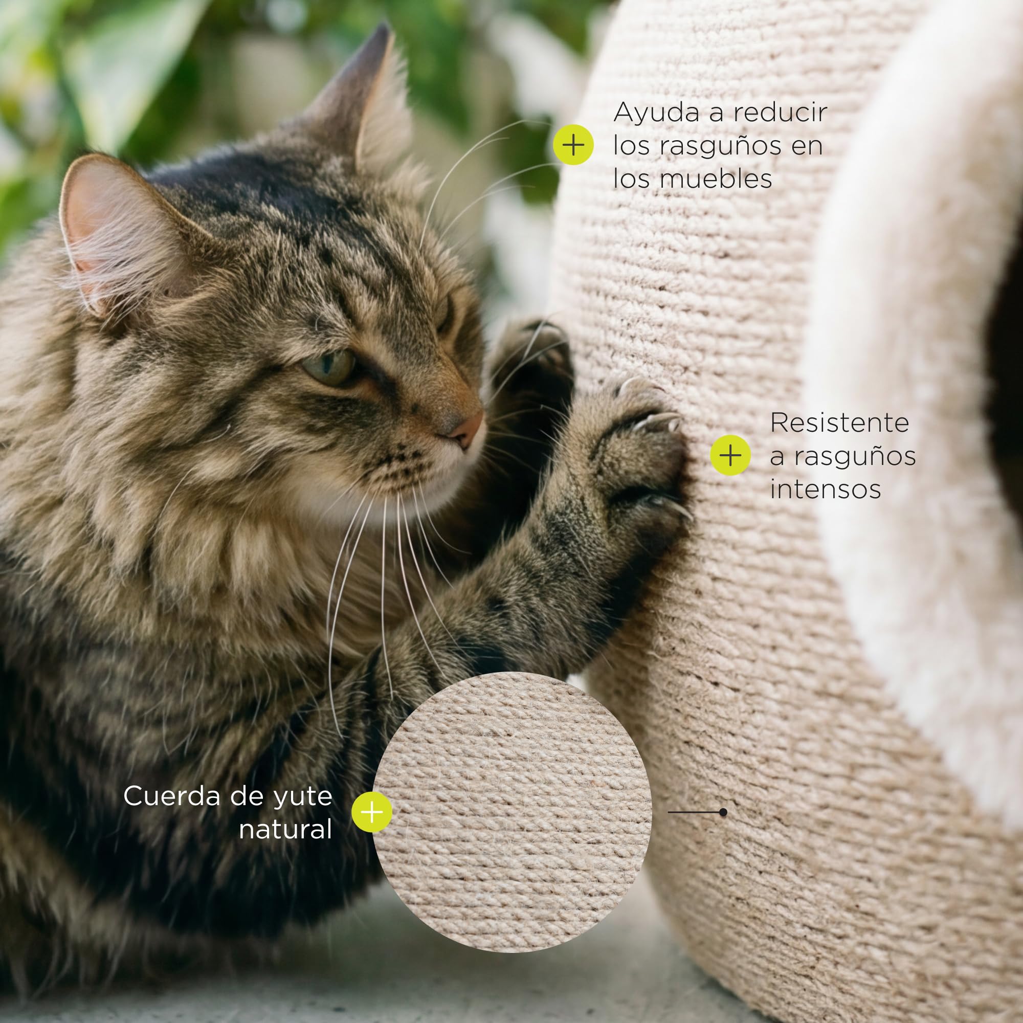 Flurby Rascador de Sisal con Casa para Gato Bola 45x45x37 cm, Cama y Escondite, Base Estable Antideslizante, Juguete con 2 Pelotas Colgantes