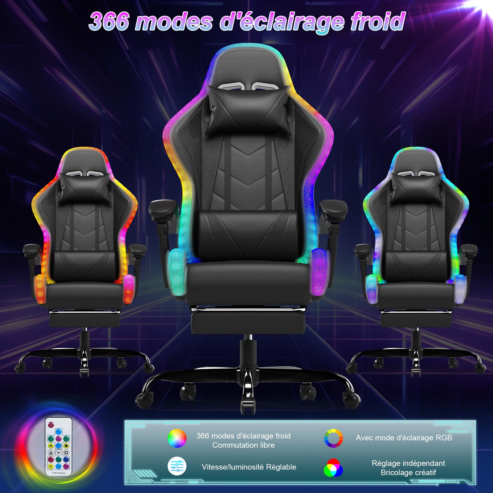 Devoko Chaise Gaming Ergonomique avec LED RGB, Massage Lombaire & Repose-Pieds – Fauteuil Gamer avec Appui-tête réglable – Dossier inclinable & Hauteur Ajustable – 180 kg – Noir