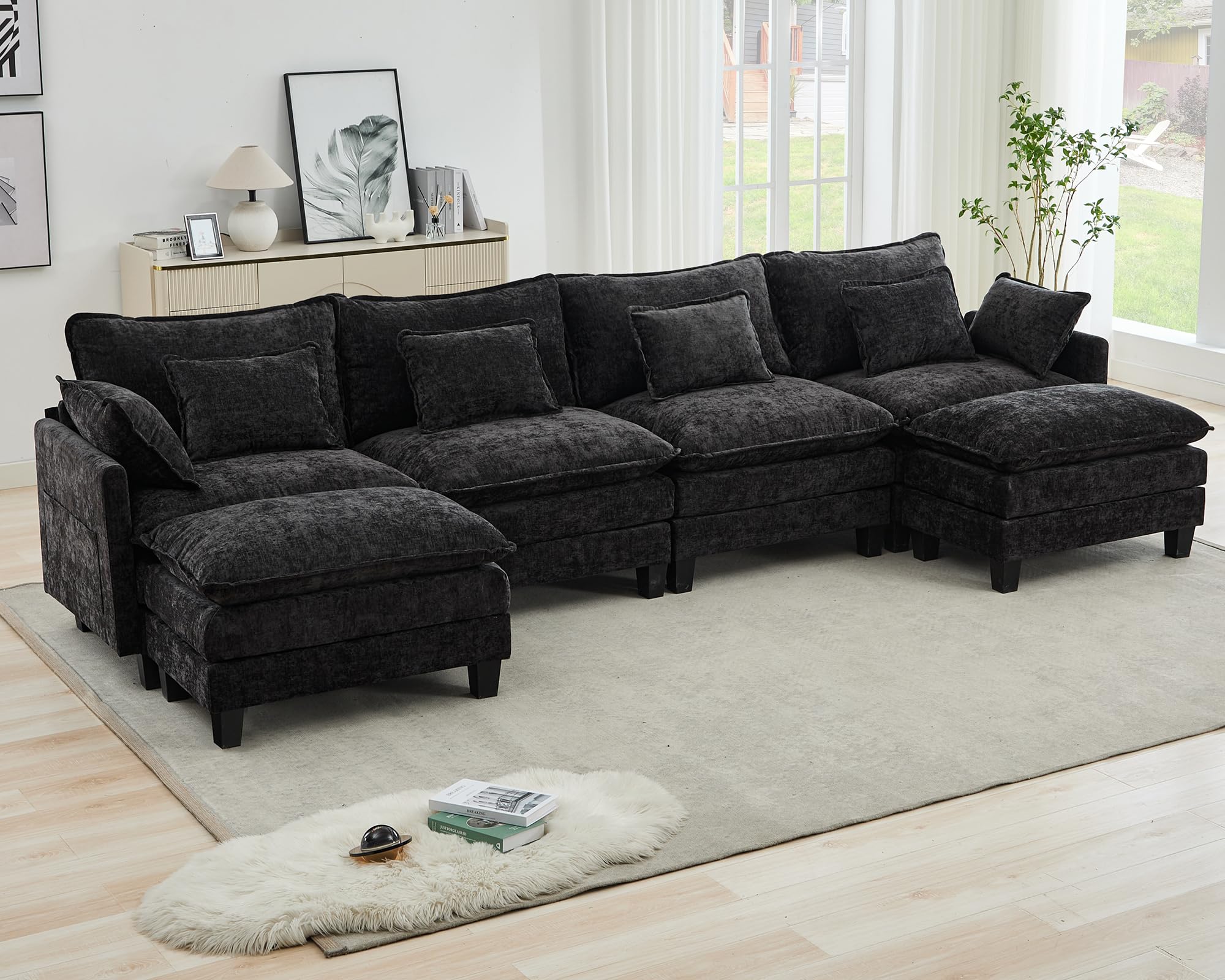 SAMERY 149.6" Modular Sectional Sofa Comfy Cloud Couch with Movable Ottoman Pillow, Deep Seat Chenille Modular Sofa U Shaped Cloud Sectional Couches