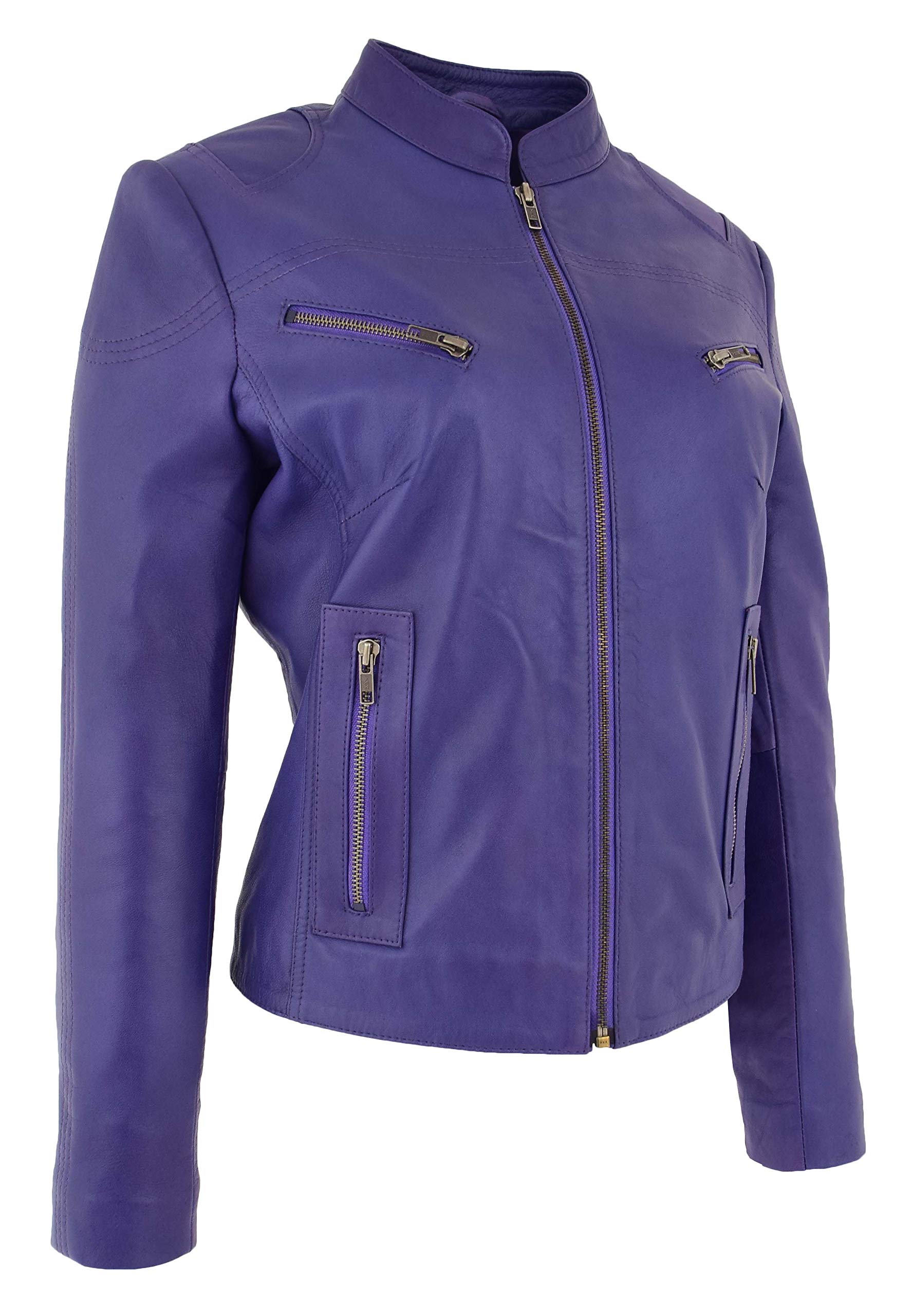 DR200 - Giacca classica da donna, in pelle, colore: Viola