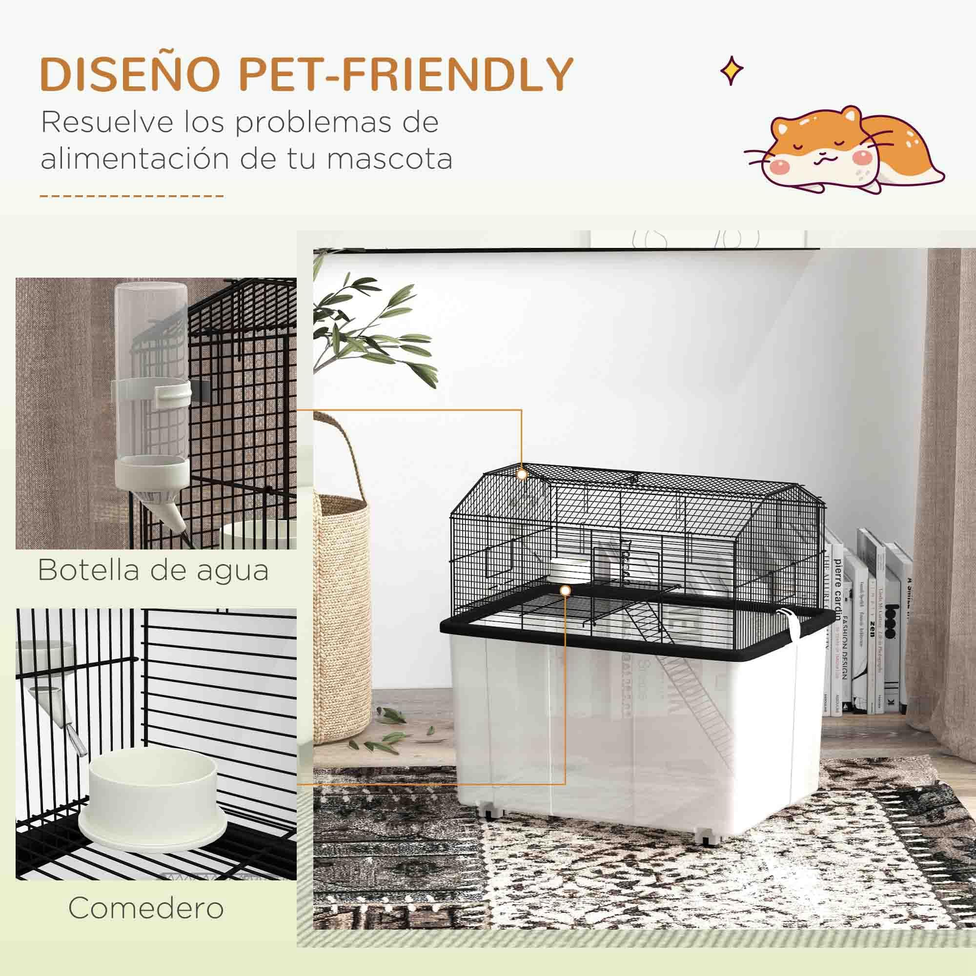 PawHut Jaula para Hámster Casa para Animales Pequeños con Fondo Profundo Plataforma Cuenco Bebedero Rampa y Ruedas 57x43x57 cm Negro