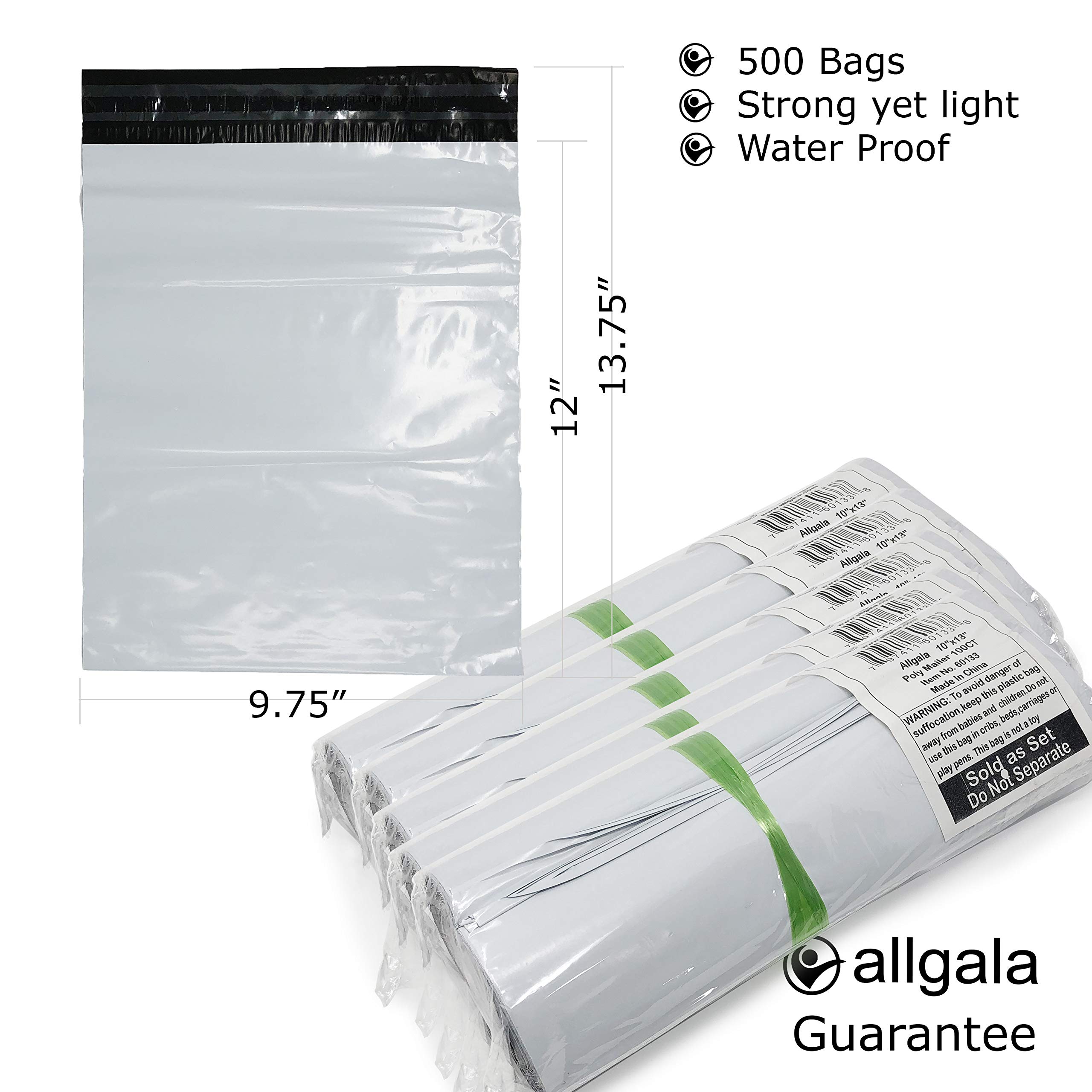 Allgala Poly Mailers Buste di spedizione Impermeabili/Autosigillante/2,5 Mil/Bianco (10x13x500 Bag)