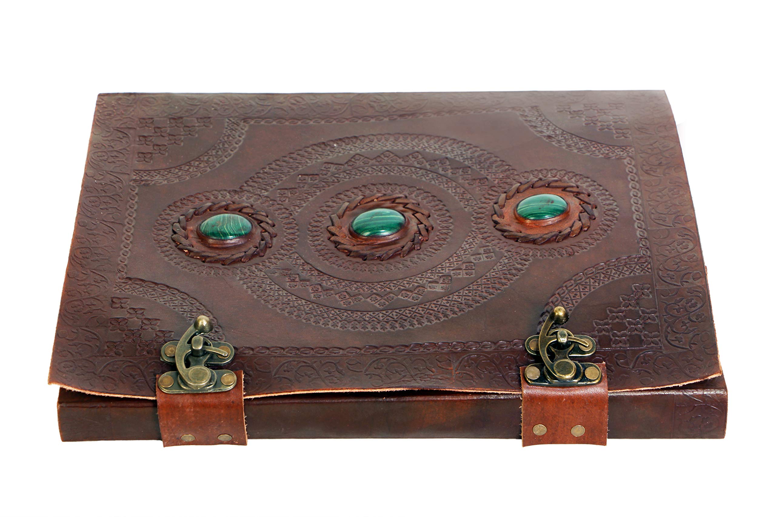 ALCRAFT Three Multiple Green Stone Brown Embossed Handmade Diary with Metal Lock -Size of (H) 13*(L) 10 Brown