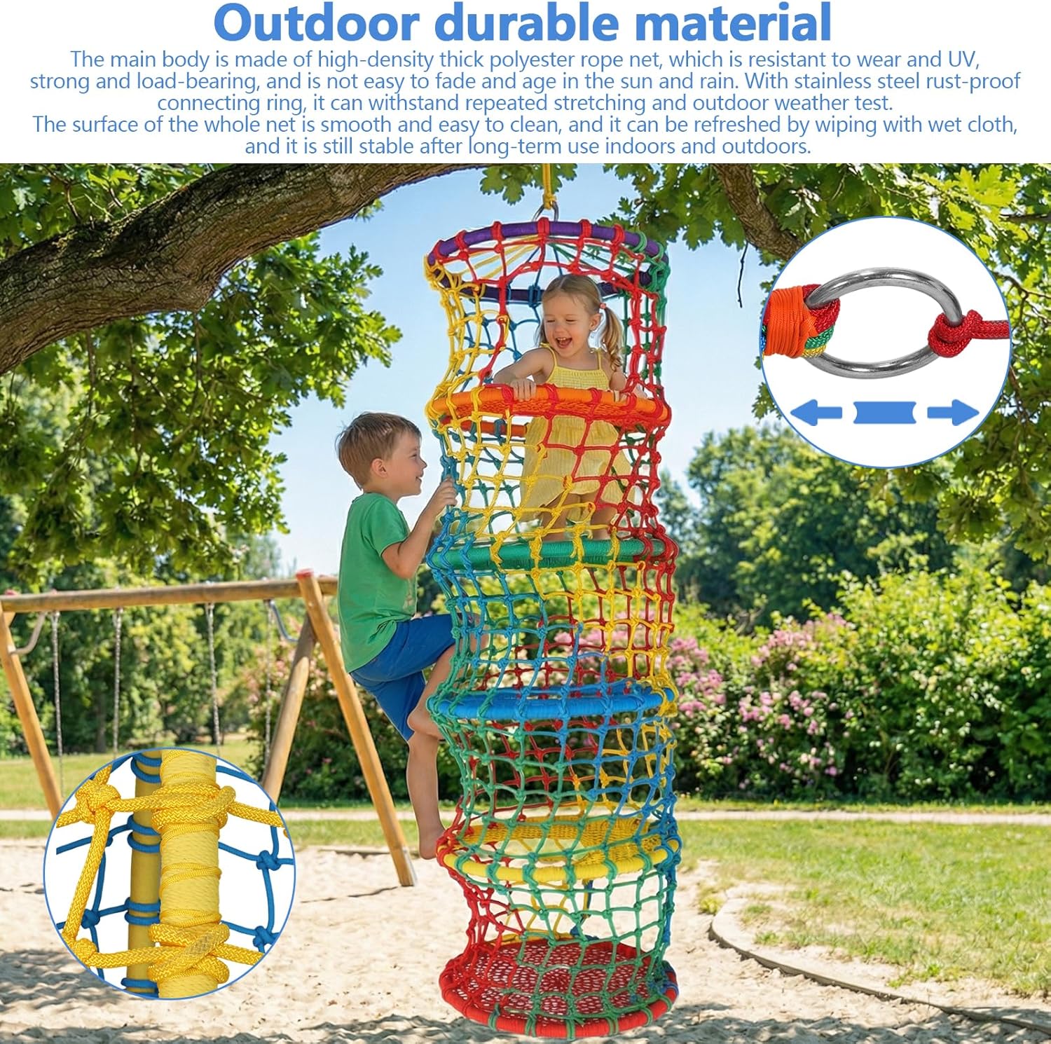 5 Tiers Climbing Rope Ladder, Colorful Outdoor Climbing Cargo Net for Treehouse Backyard, 31.5x31.5x78.74in Rope Ladder for Tree House and Outdoor Adventure