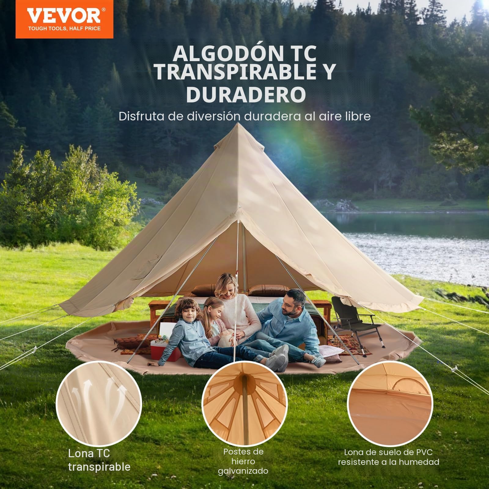 VEVOR Tienda de campaña de lona para 4 estaciones, tienda de campaña de lona para acampar con gato de estufa, tienda de campaña transpirable que sostiene a las personas, camping familiar al aire libre