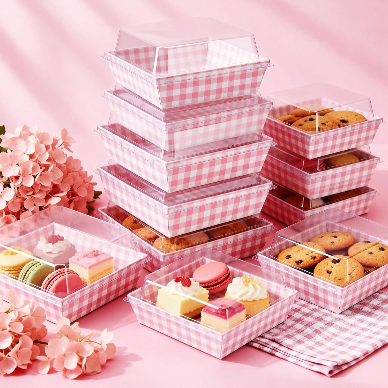 Potchen 100 Pack Pink Plaid Charcuterie Boxes with Clear Lids – Pink ＆ White Bakery Gift Boxes with Window for Cookies, Candy, and Mini Cakes – Ideal for Summer Gift Giving & Bakery Packaging