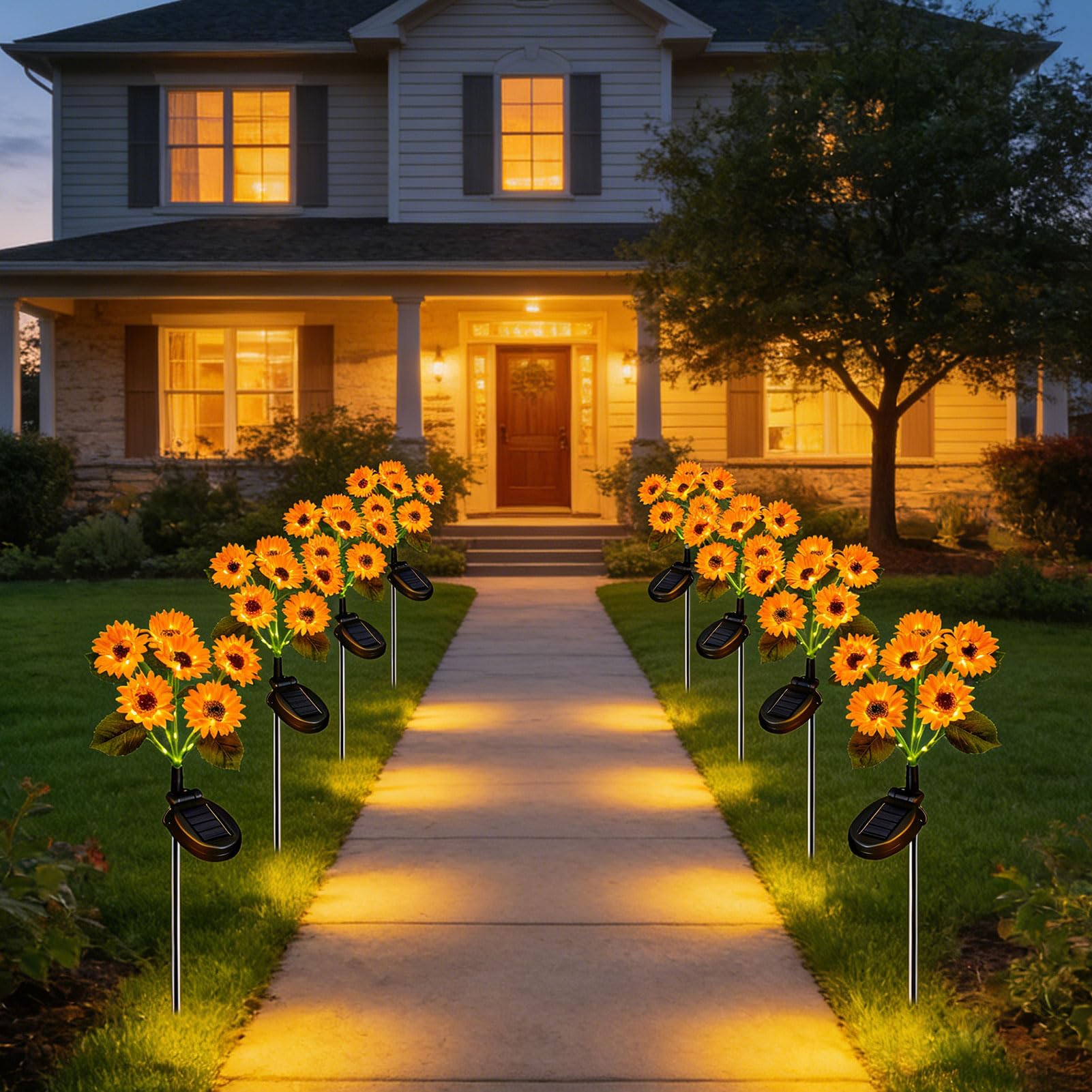 Lampada solare a forma di girasole, per esterni, giardino, 6 fiori, lampada solare da giardino, IP65, impermeabile, luce solare da giardino, per esterni, balcone, fioriere, terrazze, 4 pezzi