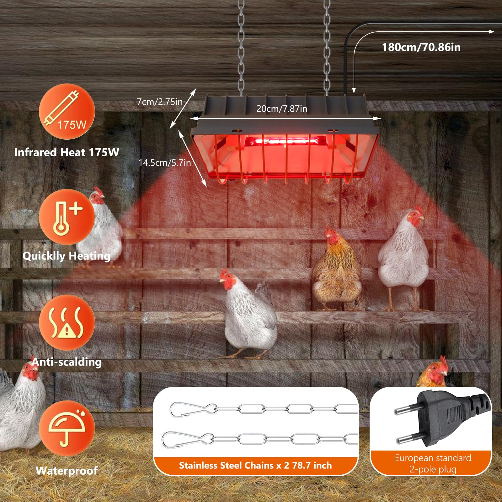 BORDEAG Lampada a luce rossa per pulcini, 175 W, paralume di calore con interruttore a risparmio energetico, riscaldamento per polli, rettili, terrario, con catena di fissaggio da 2 m