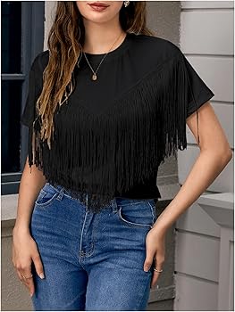 Verdusa Women's Short Sleeve Fringe Tops Tassel Trim Cowgirl
