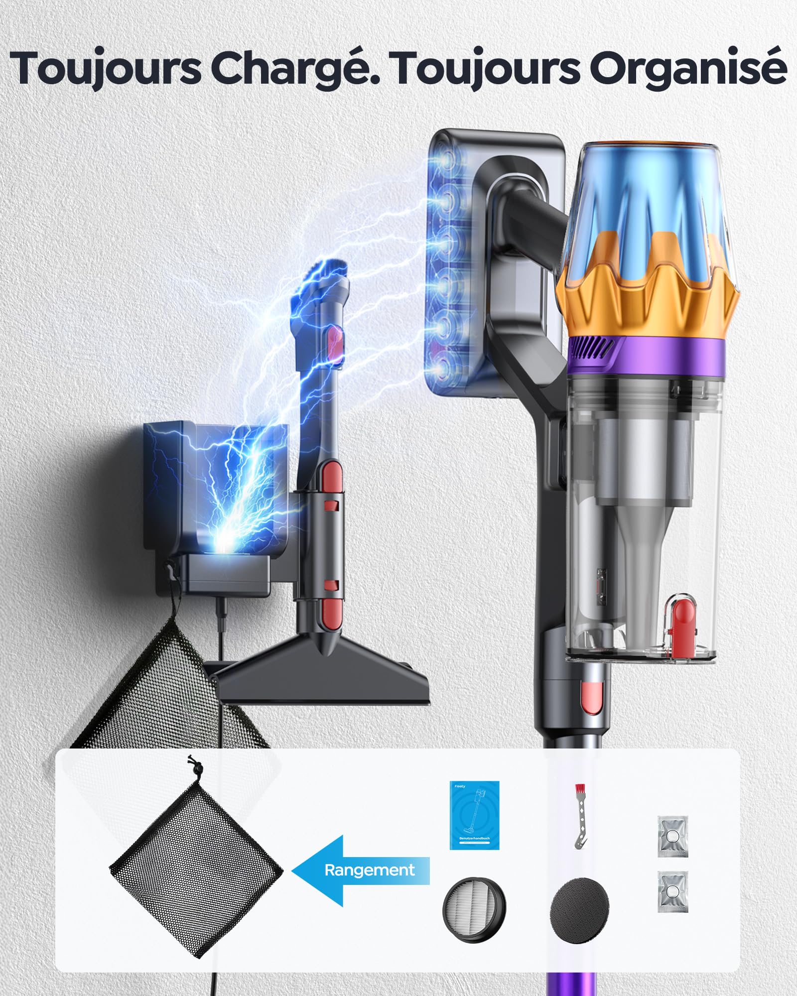 Fieety 80Min/650W/55KPa Aspirateur Balai sans Fil, 1.8L Aspirateur sans Fil Puissant, Batterie Optimisée, Brosse Anti-Enchevêtrement, Écran LED, Rechargeable Support Mural, Parfumé, Sols Durs (Violet)